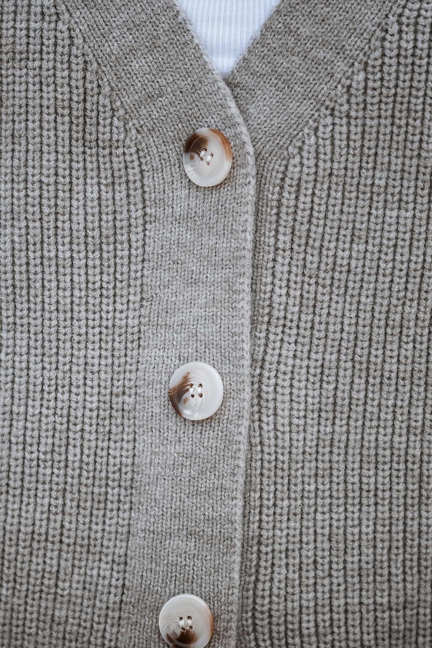 Neutral V-Neck Puff Sleeve Button-Up Cardigan