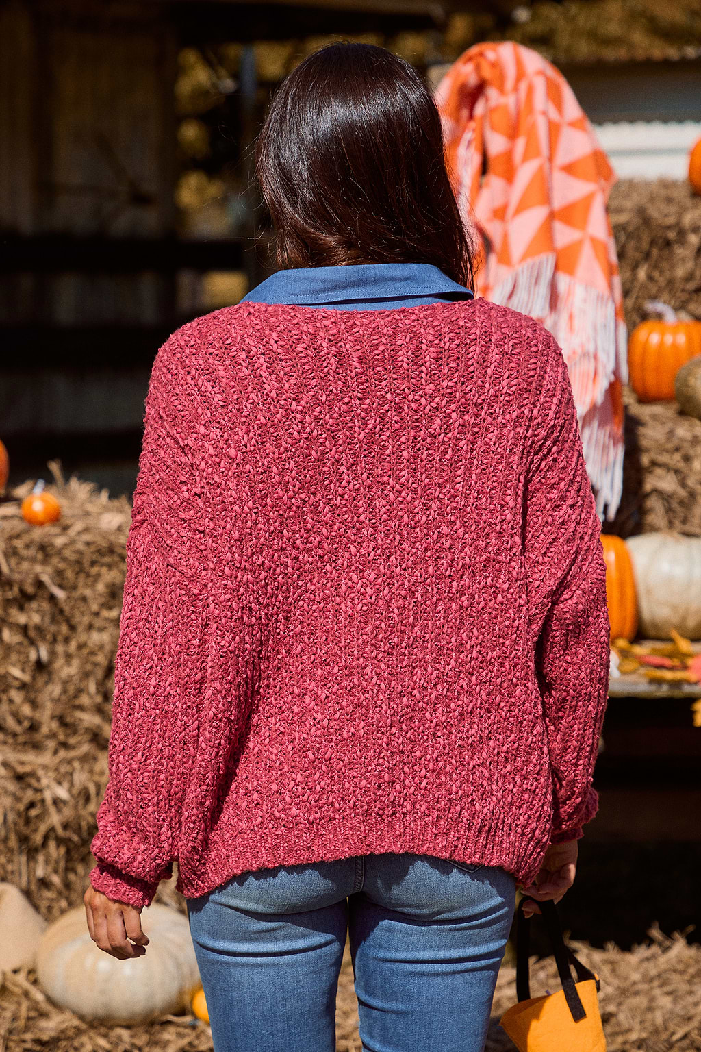 Pull à col en V et manches bouffantes bourgogne