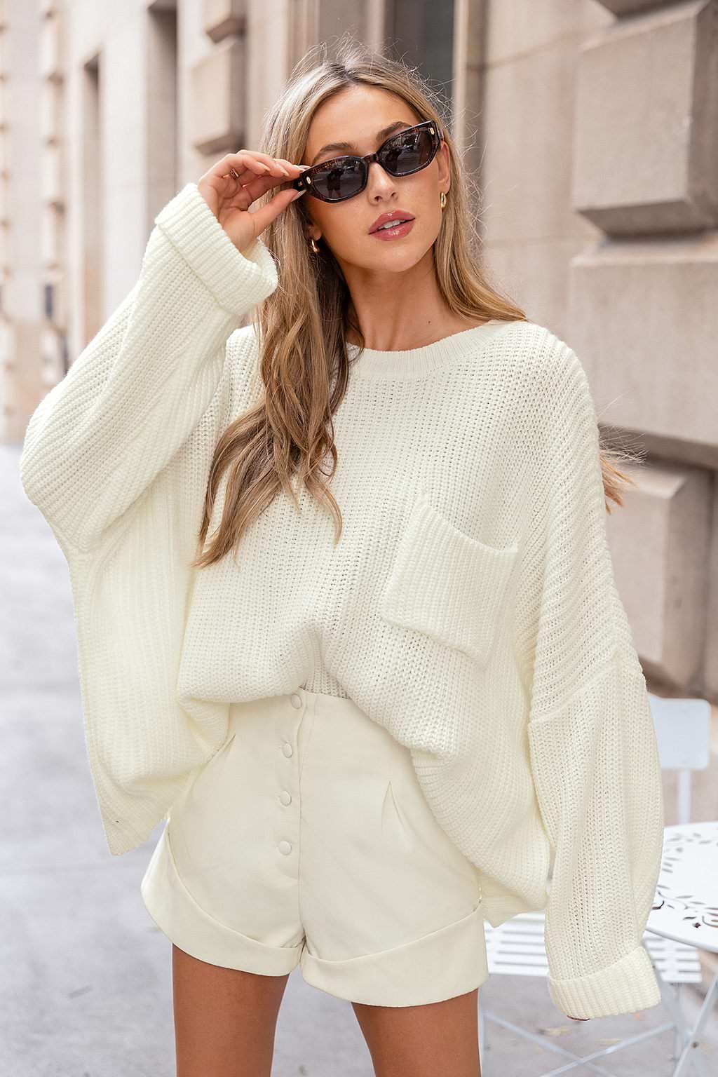 Beige Long Sleeve Drop Shoulder Knit Top