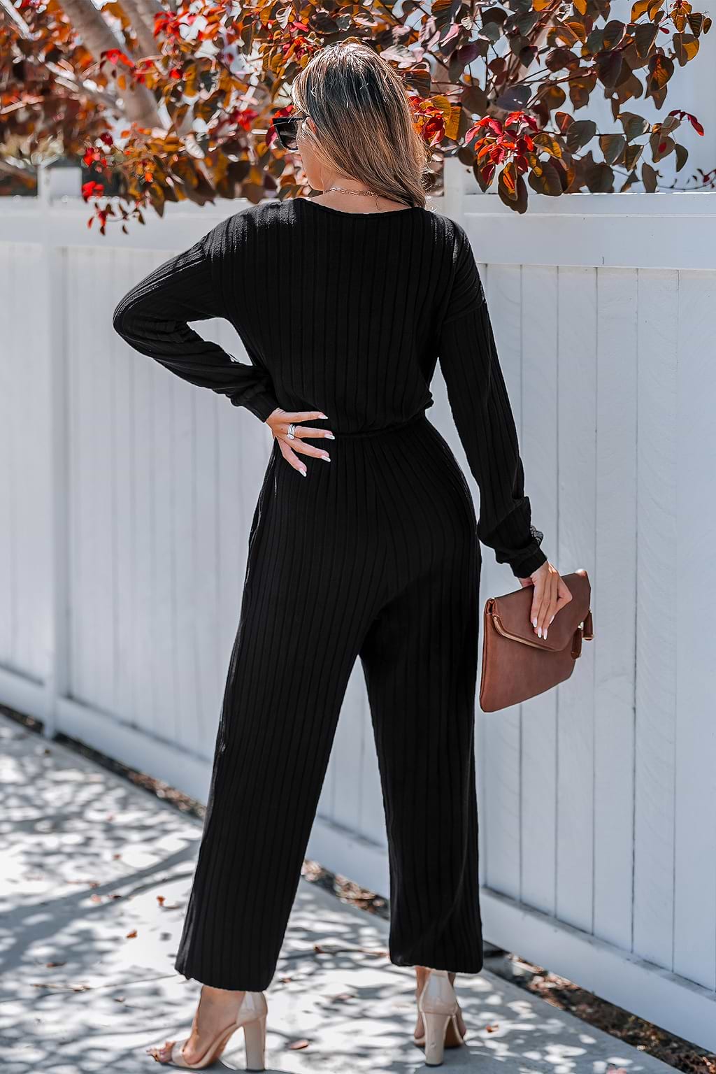 Black Ribbed Knit Long Sleeve Tapered Leg Jumpsuit