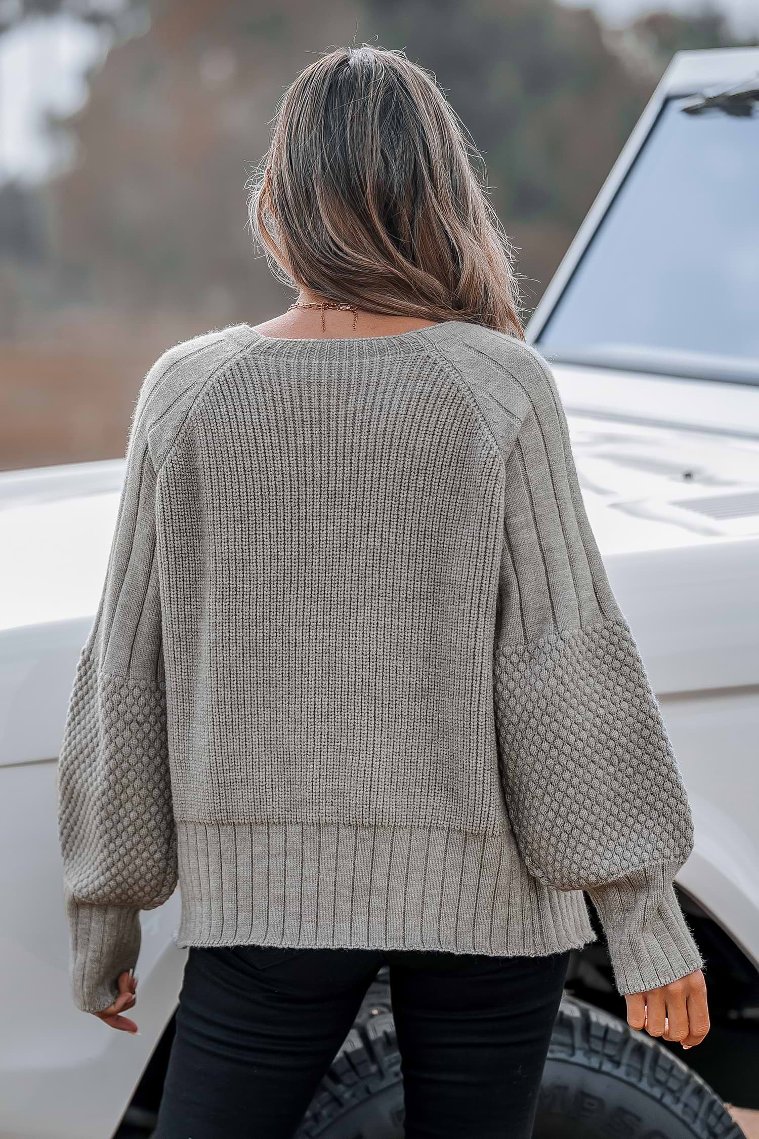 Neutral V-Neck Puff Sleeve Button-Up Cardigan