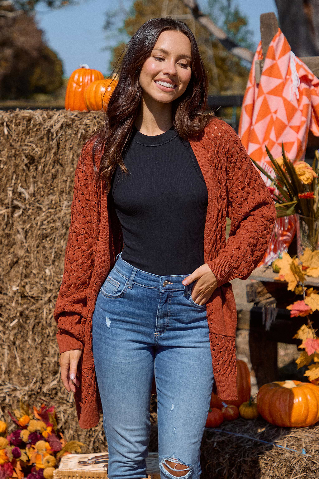 Burnt Orange Open Front Patch Pocket Longline Cardigan