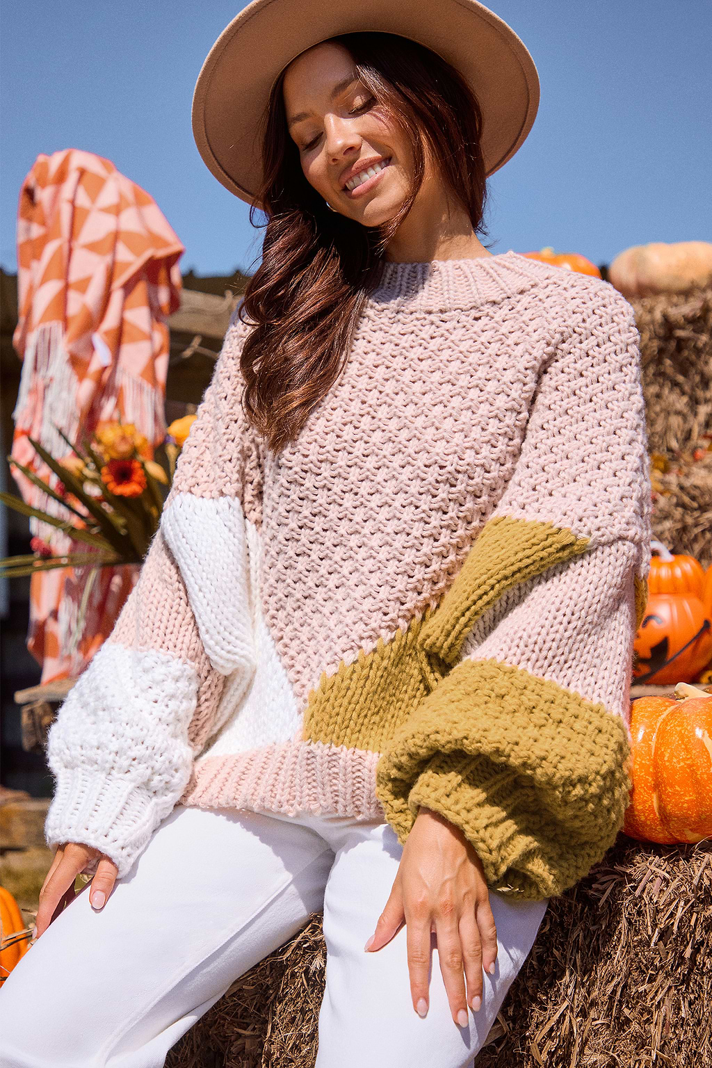 Colorblock Round Neck Long Sleeve Slouchy Sweater