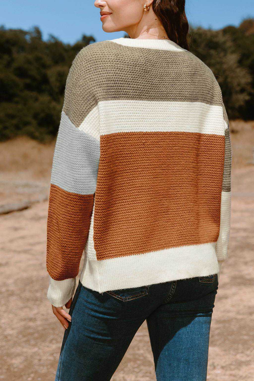 Colorblock Round Neck Long Sleeve Drop Shoulder Sweater