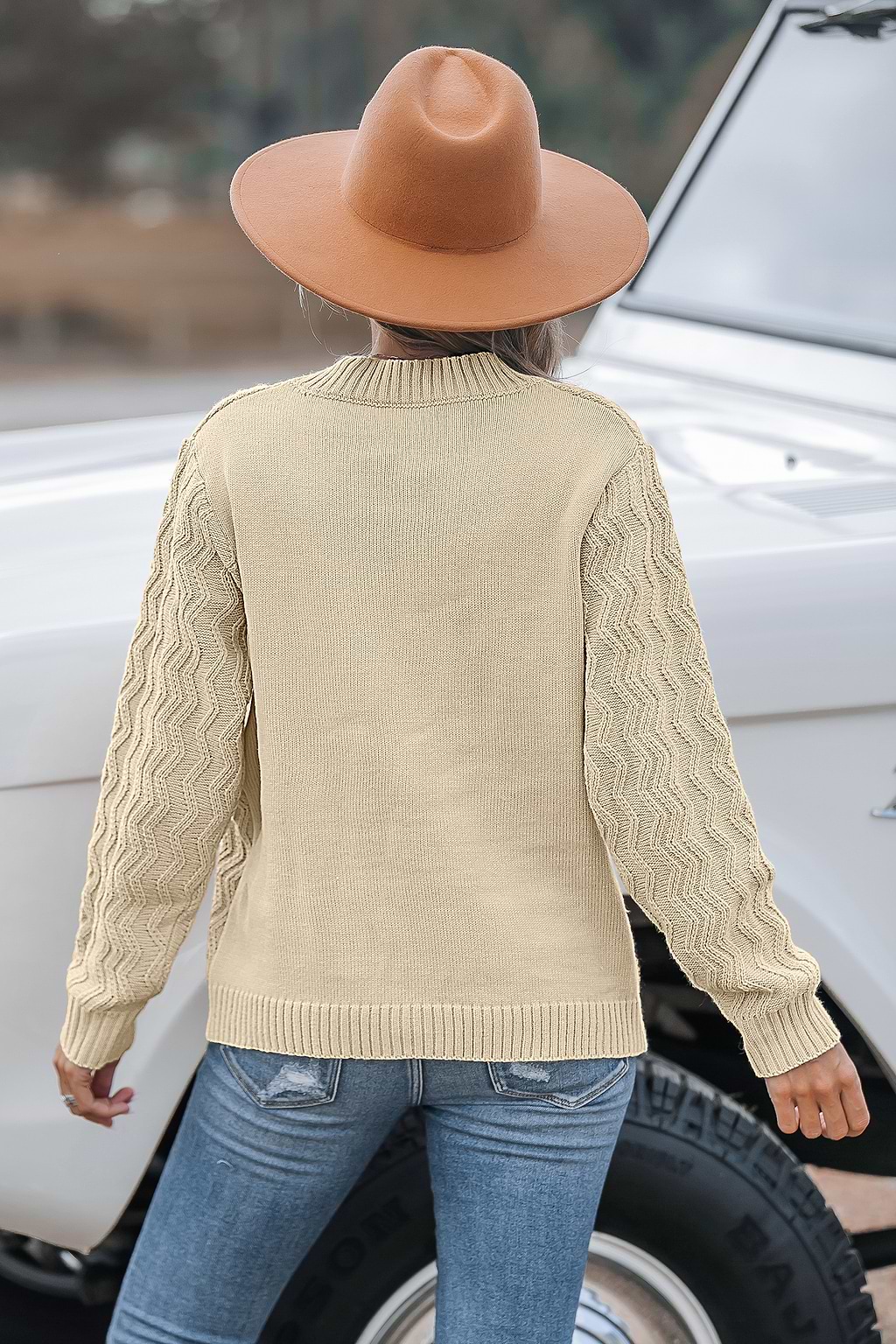 Beige V-Neck Long Sleeve Sweater Top