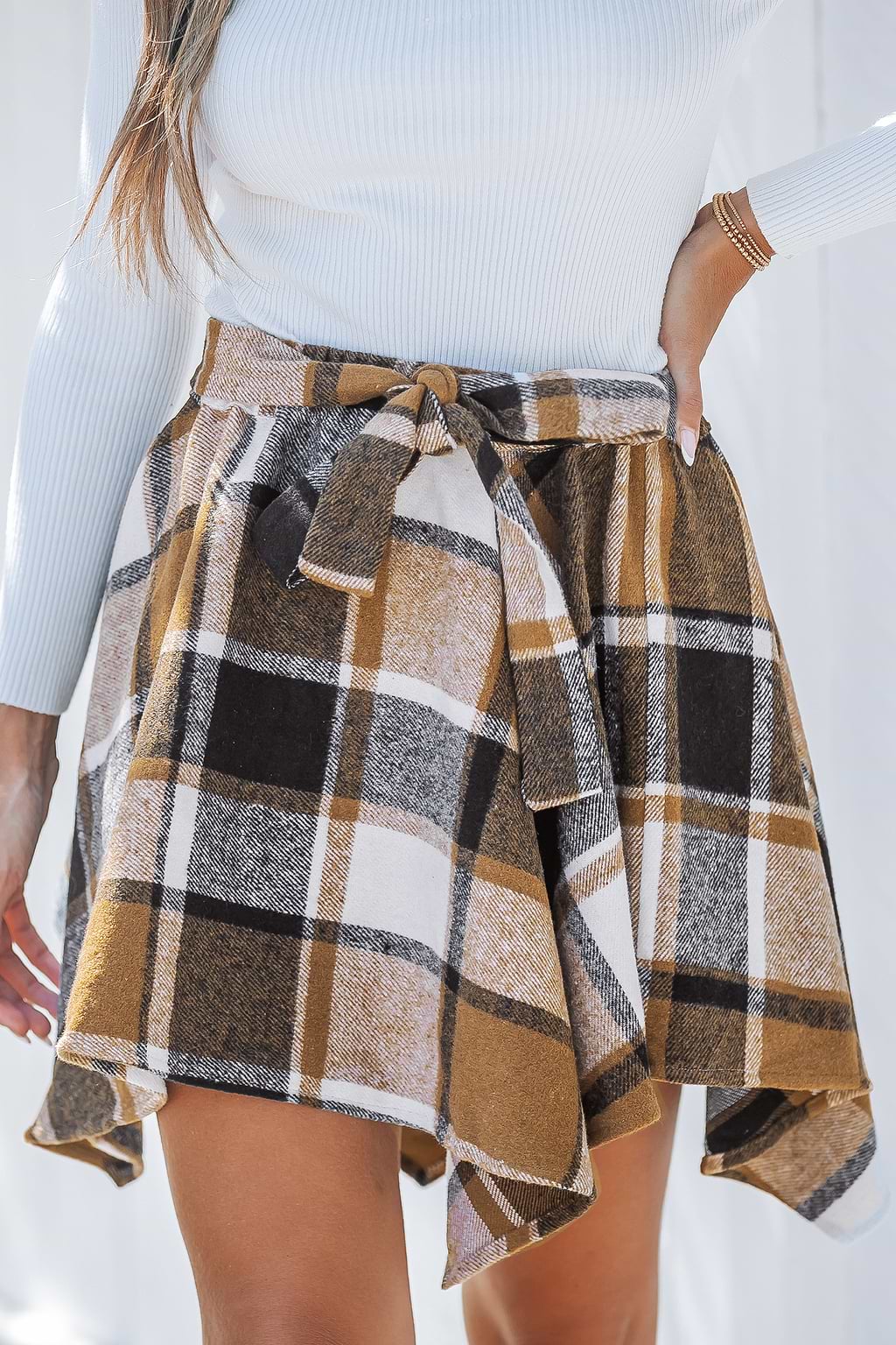 Brown Plaid Handkerchief Hem Skirt