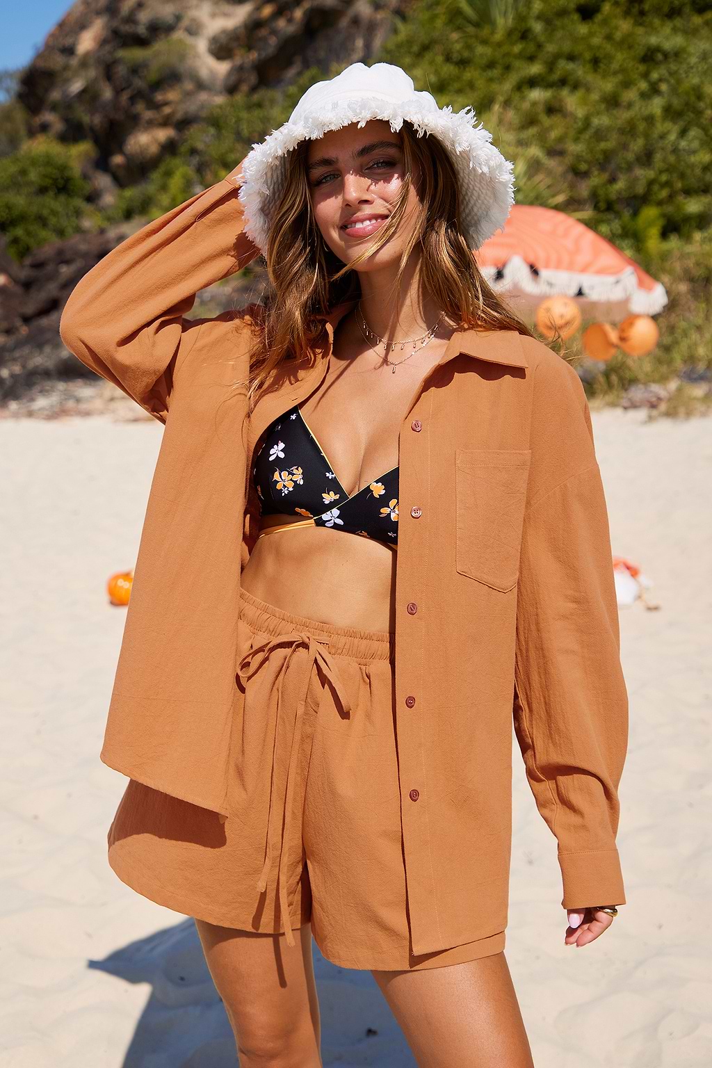 Orange Collared Long Sleeve Shirt & Wide Leg Shorts Set