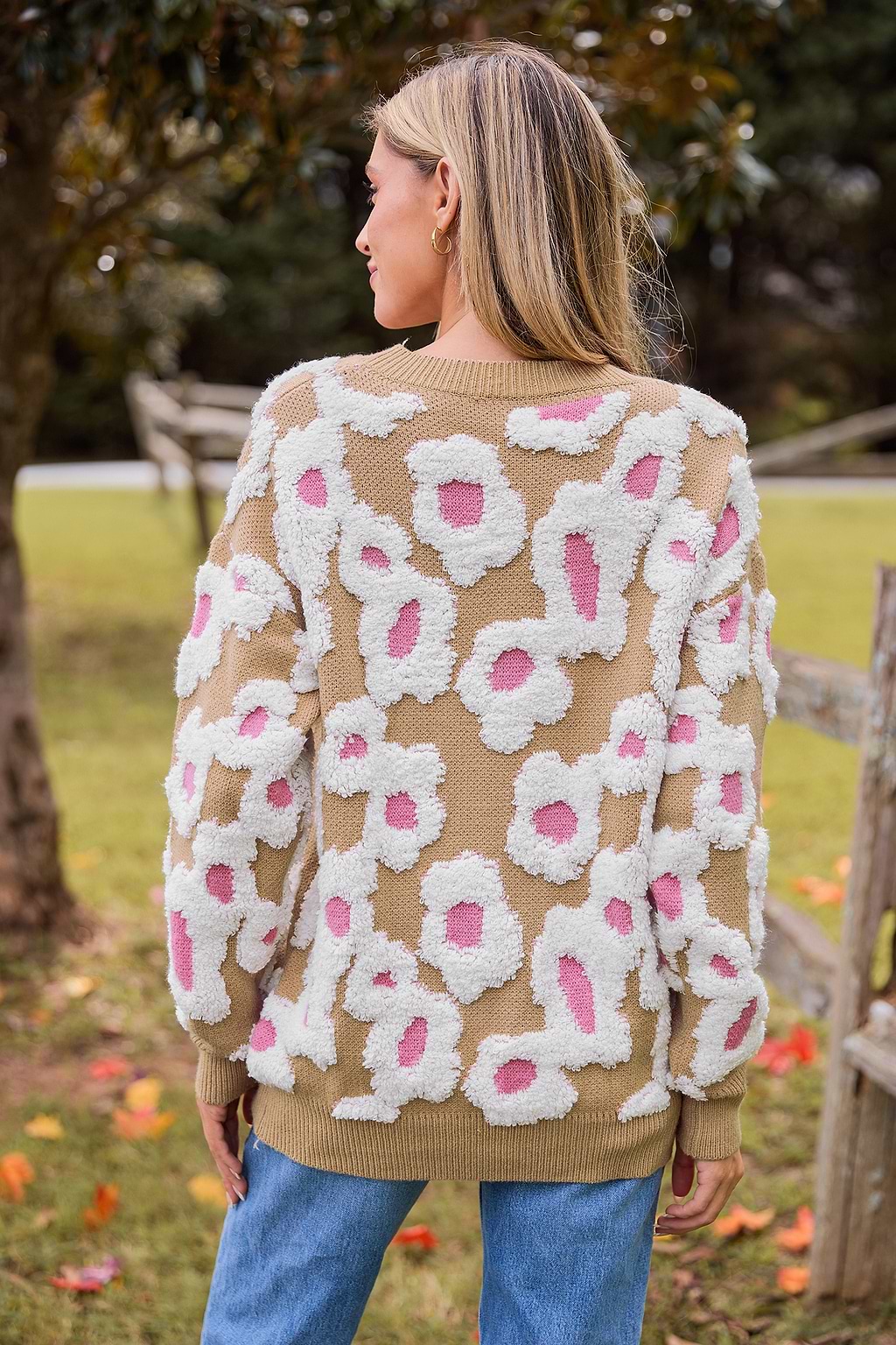 Round Neck Long Sleeve Boucle Floral Sweater