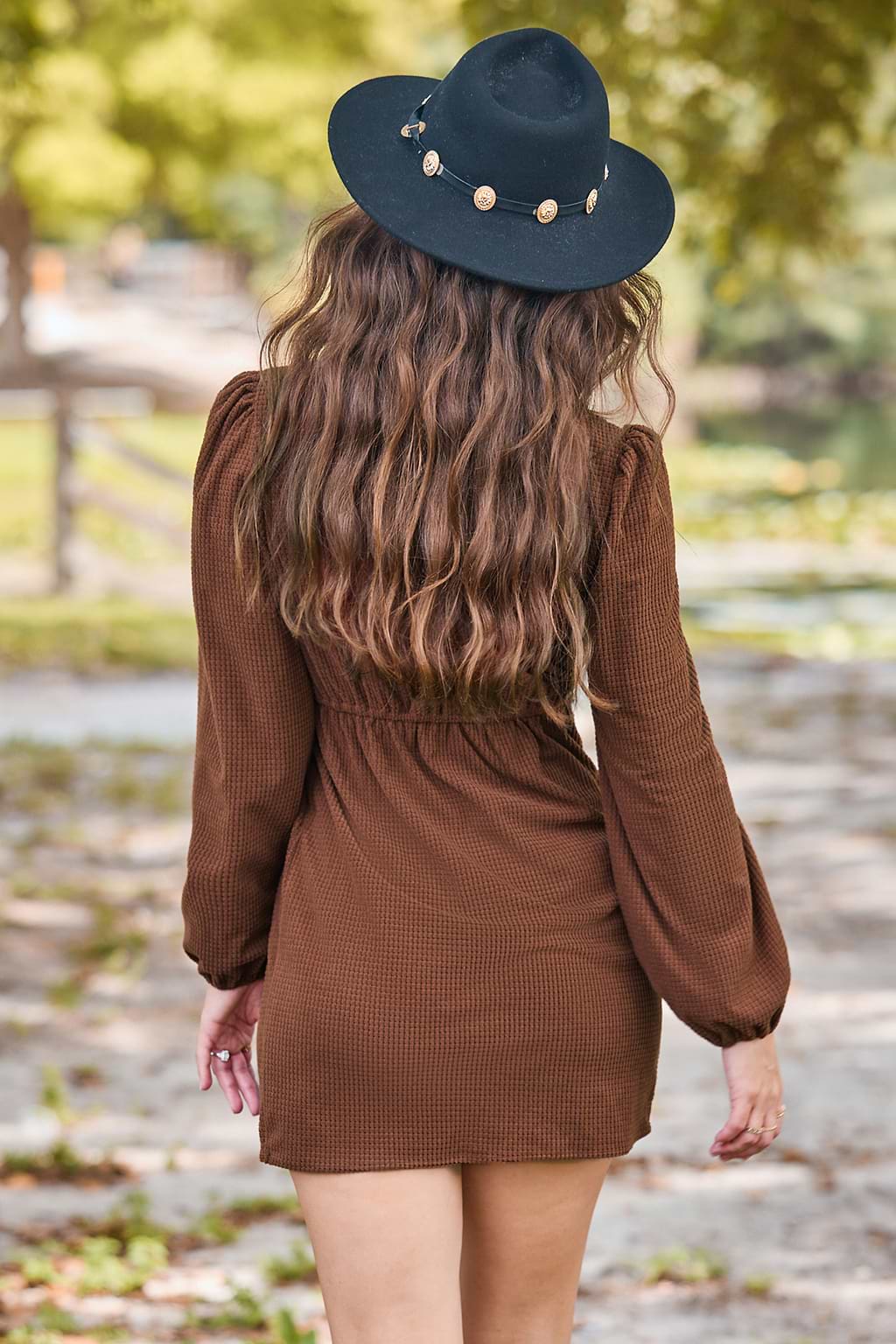 Brown Corduroy Long Puff Sleeve Wrap Mini Dress