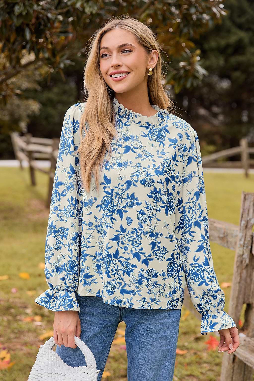 Blue Floral Ruffled Standing Collar Long Poet Sleeve Blouse