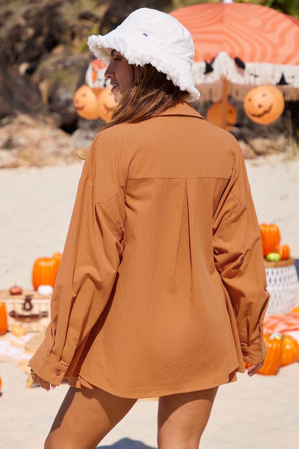 Orange Collared Long Sleeve Shirt & Wide Leg Shorts Set