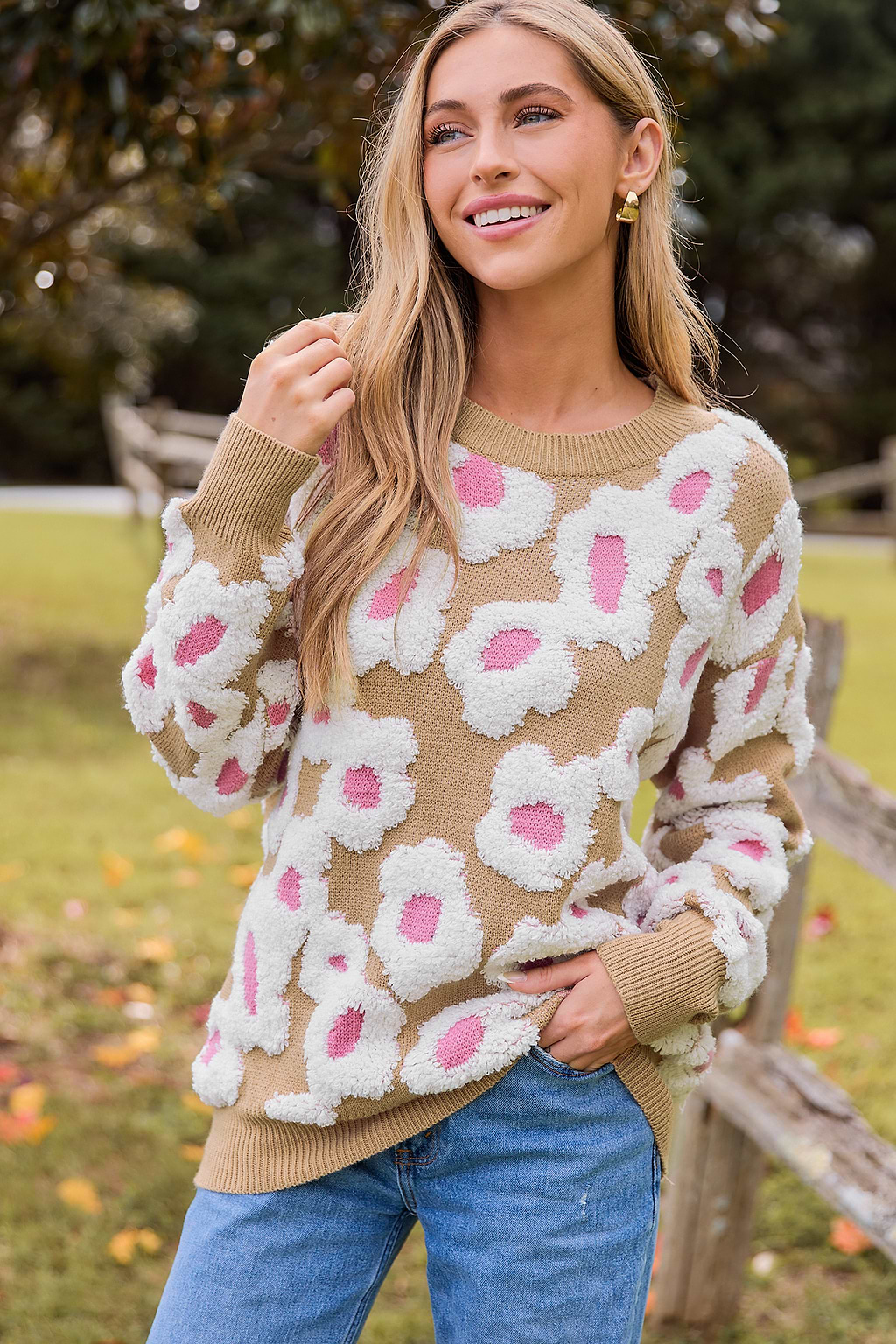 Round Neck Long Sleeve Boucle Floral Sweater