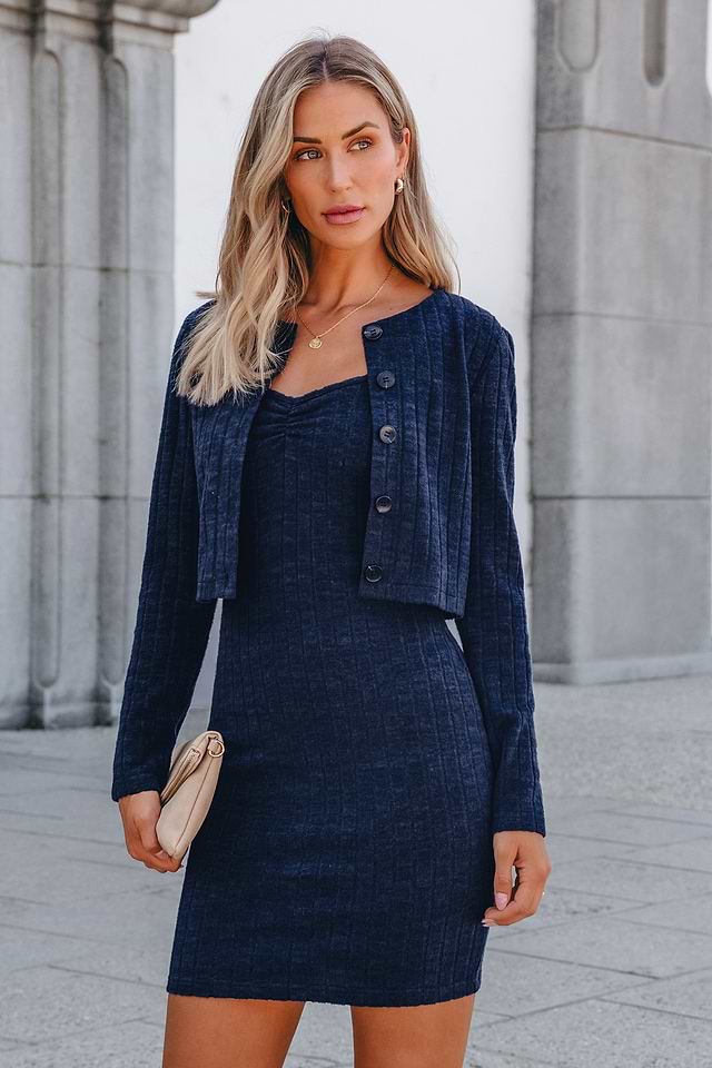 Navy Ribbed Knit Long Sleeve Cardigan & Mini Dress Set