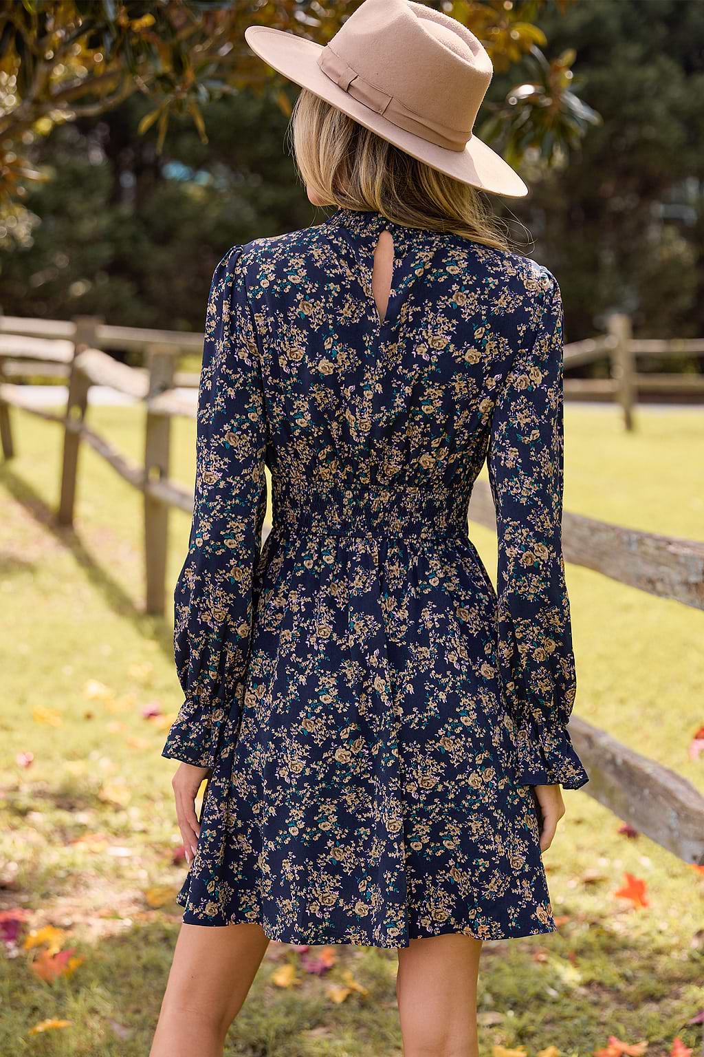 Blue Floral Standing Collar Long Sleeve Ruffle Cuff Mini Dress