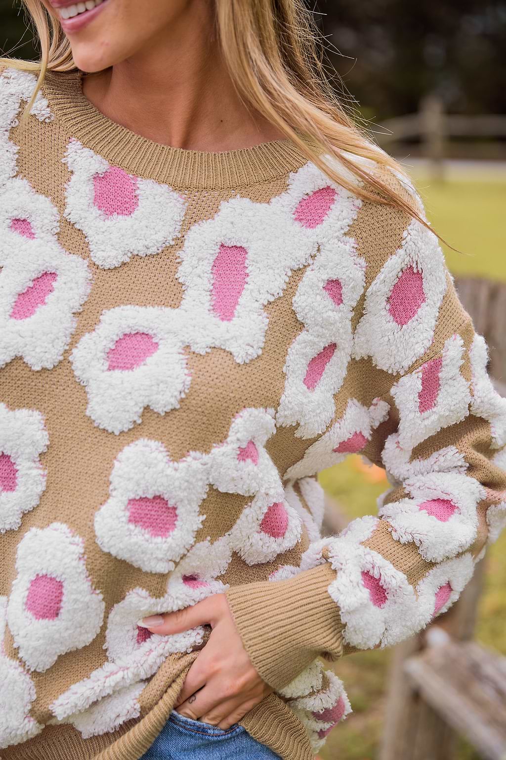 Round Neck Long Sleeve Boucle Floral Sweater