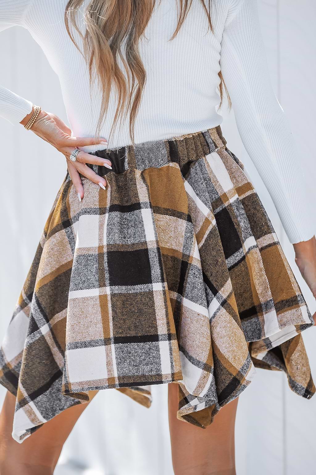 Brown Plaid Handkerchief Hem Skirt