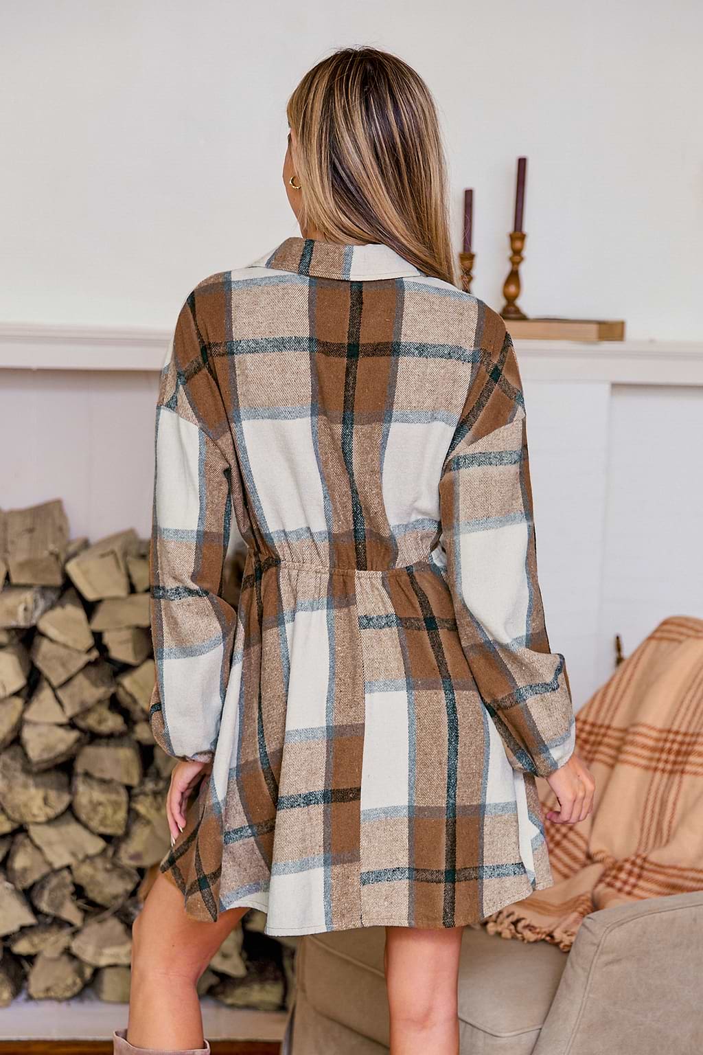 Mustard Plaid Collared Front Button Mini Dress