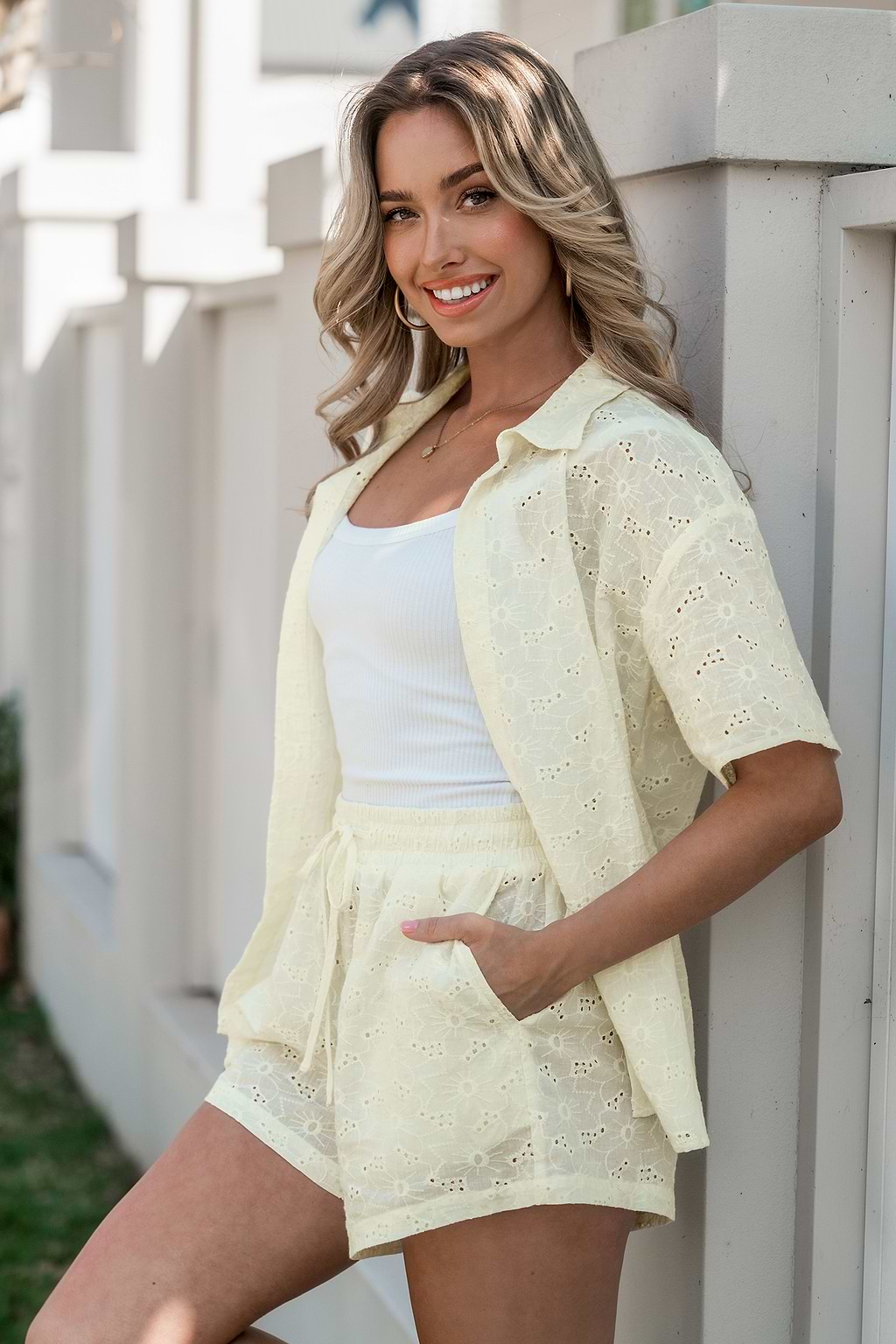 Beige Cotton Eyelet Collared Short Sleeve Top