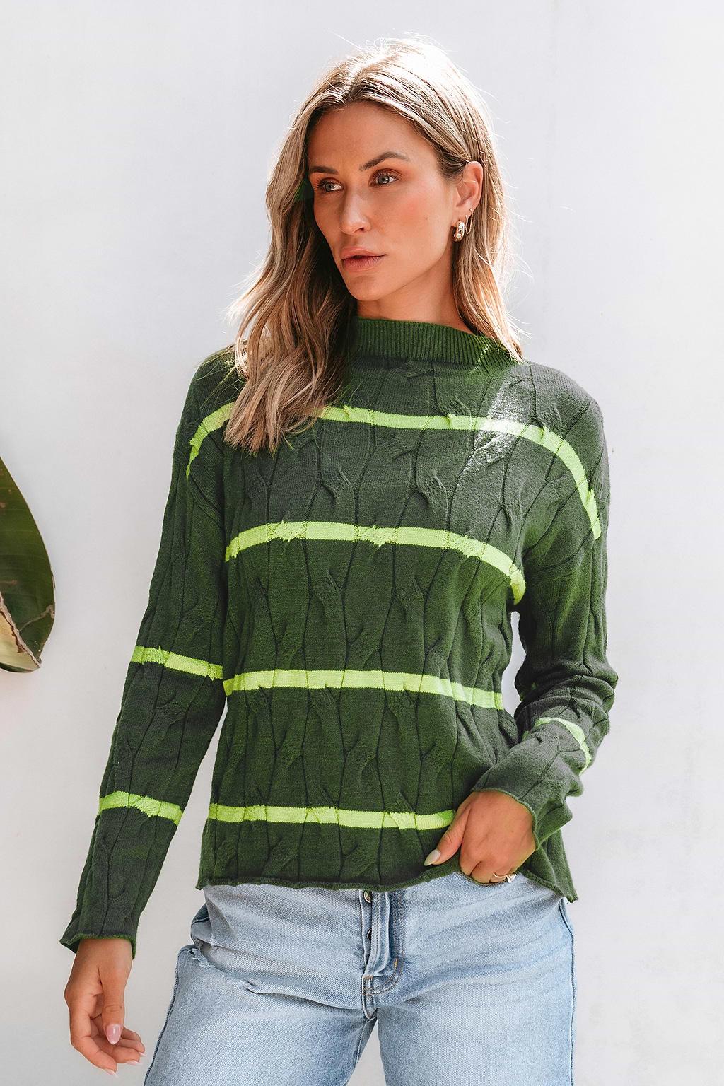 Green Striped Cable Knit Mockneck Sweater Top