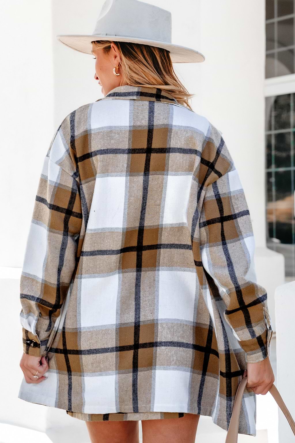 Khaki Plaid Collared Button Up Top & Mini Skirt Set