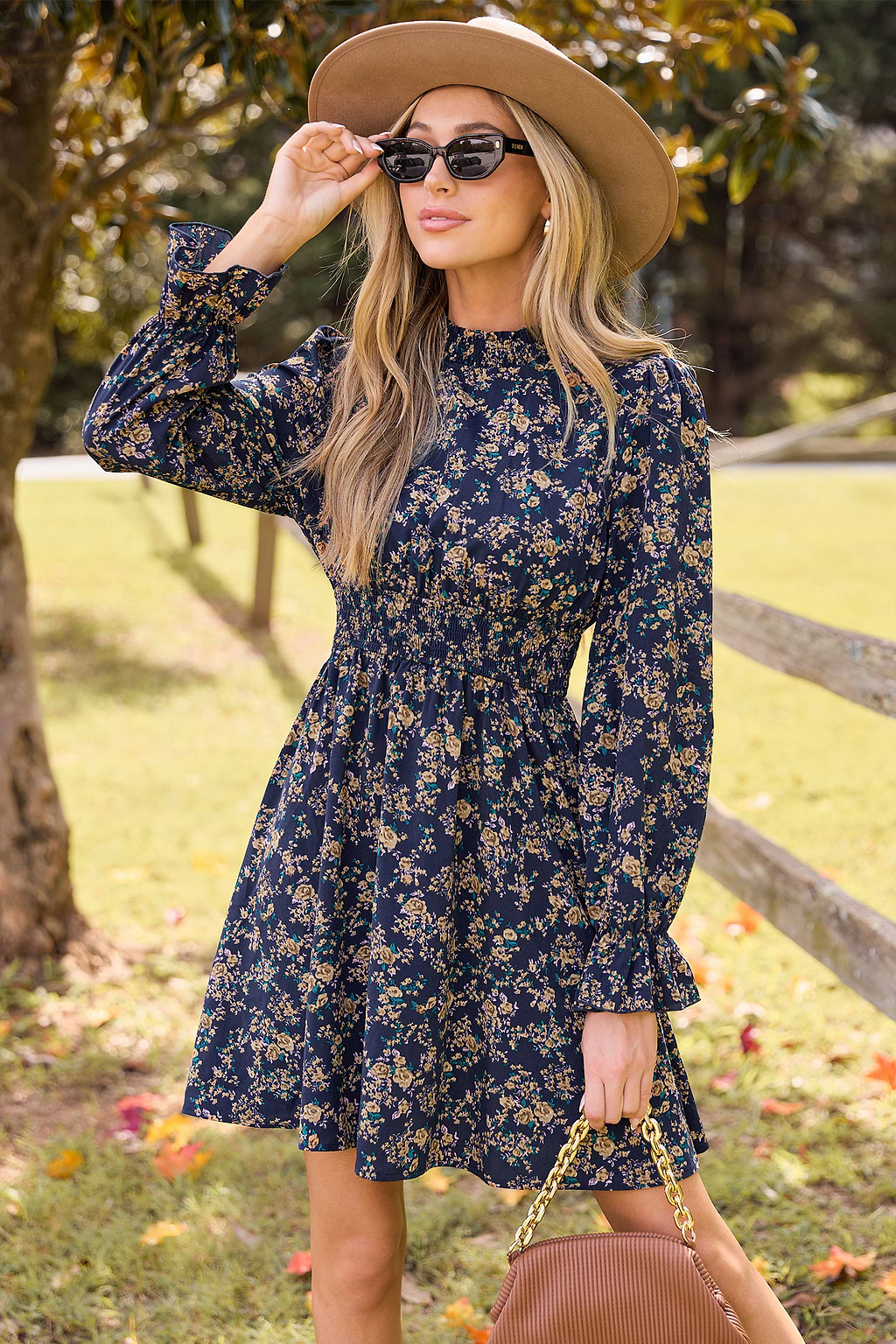 Blue Floral Standing Collar Long Sleeve Ruffle Cuff Mini Dress