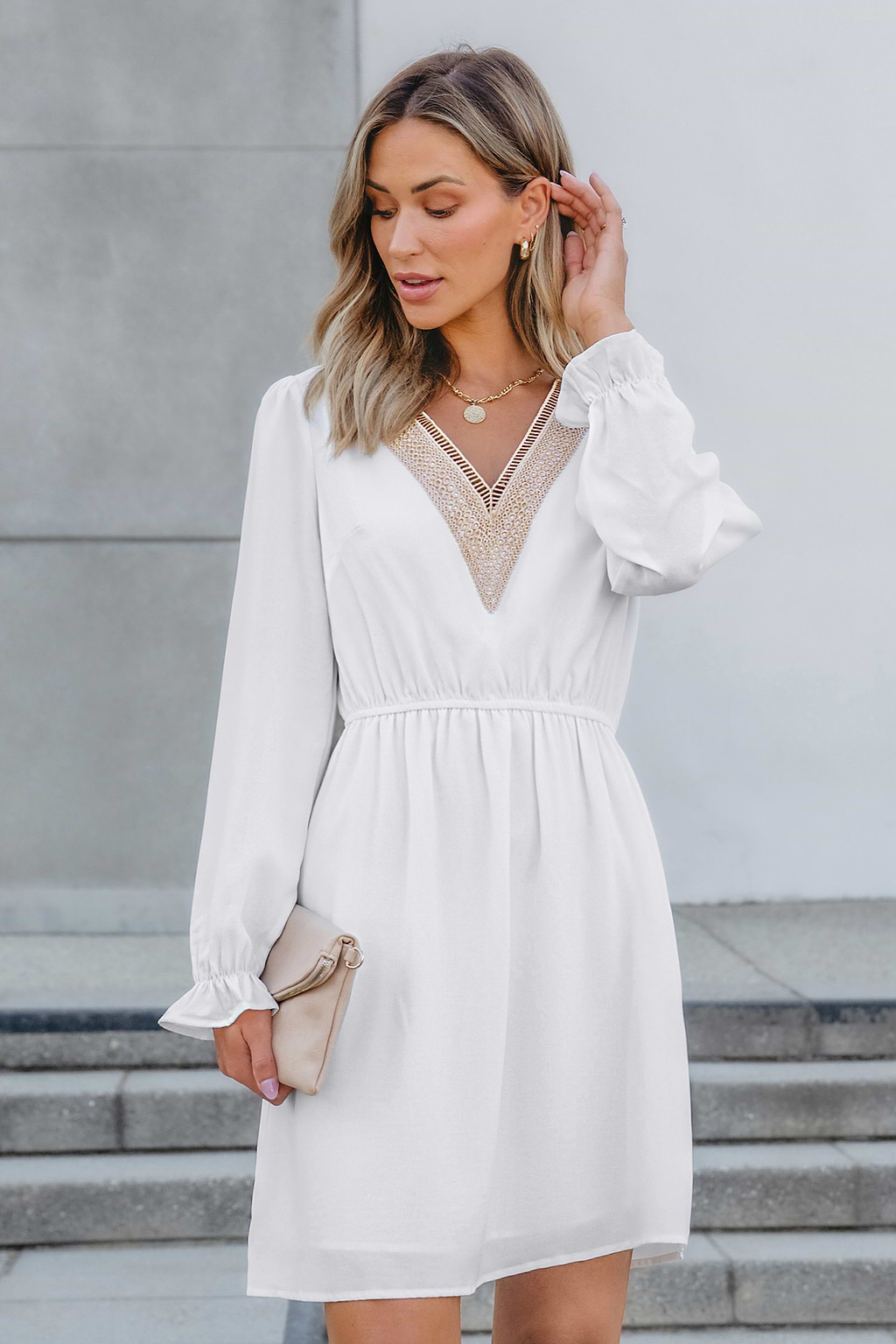 White V-Neck Poet Sleeve Cinched Waist Mini Dress