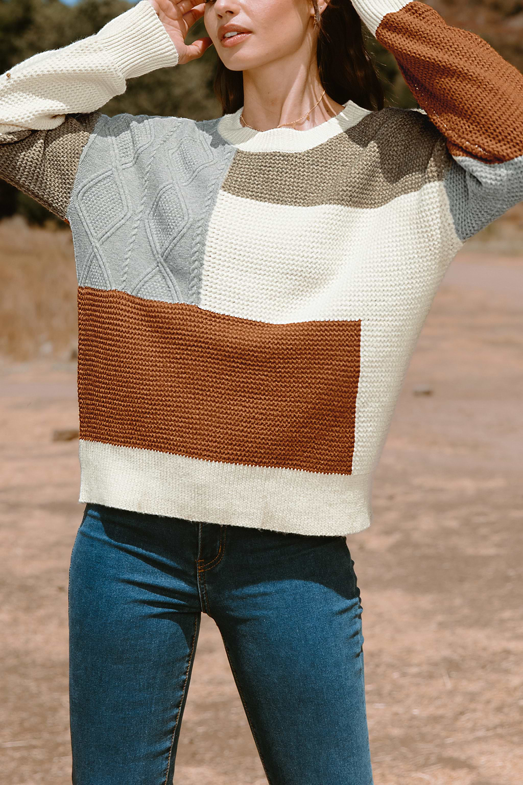 Colorblock Round Neck Long Sleeve Drop Shoulder Sweater