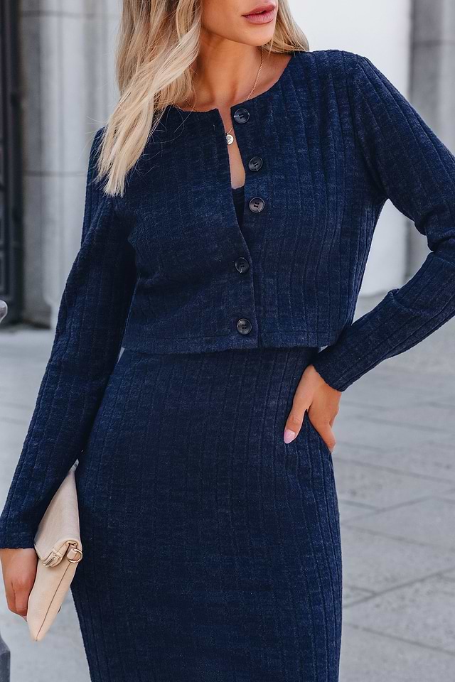 Navy Ribbed Knit Long Sleeve Cardigan & Mini Dress Set