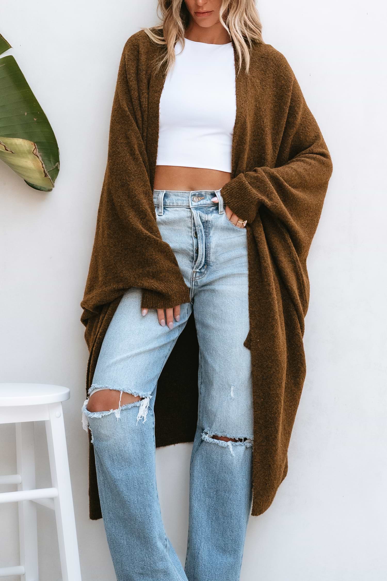 Tan Knit Duster Cardigan with Dolman Sleeves