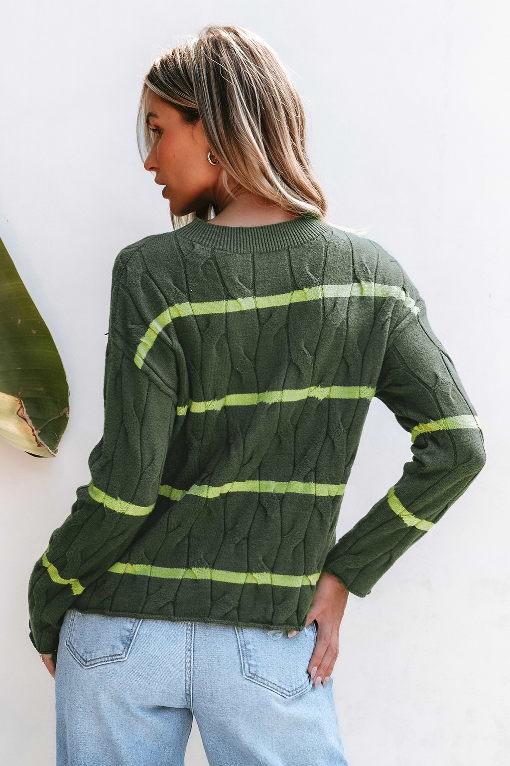 Green Striped Cable Knit Mockneck Sweater Top