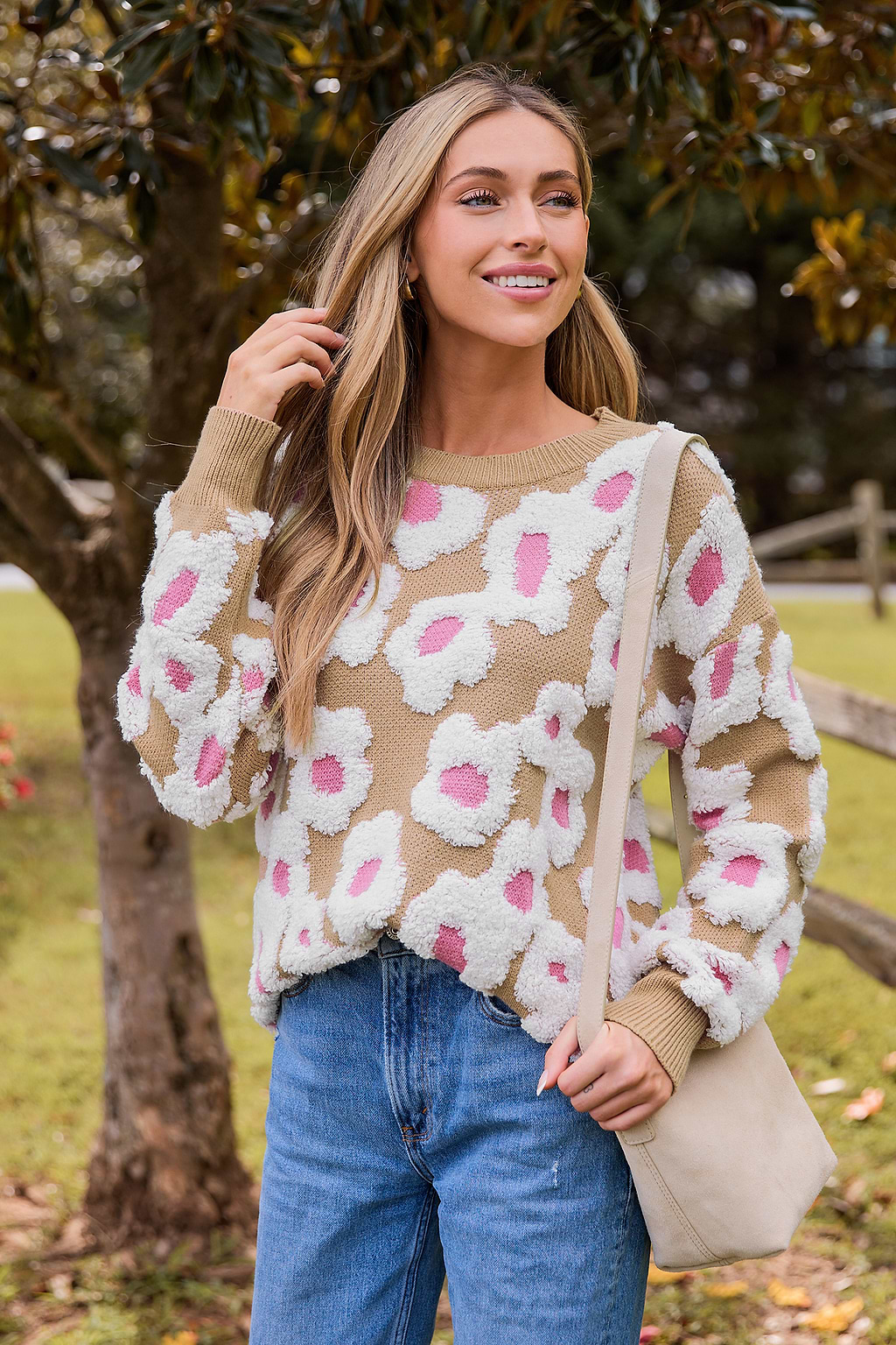 Round Neck Long Sleeve Boucle Floral Sweater