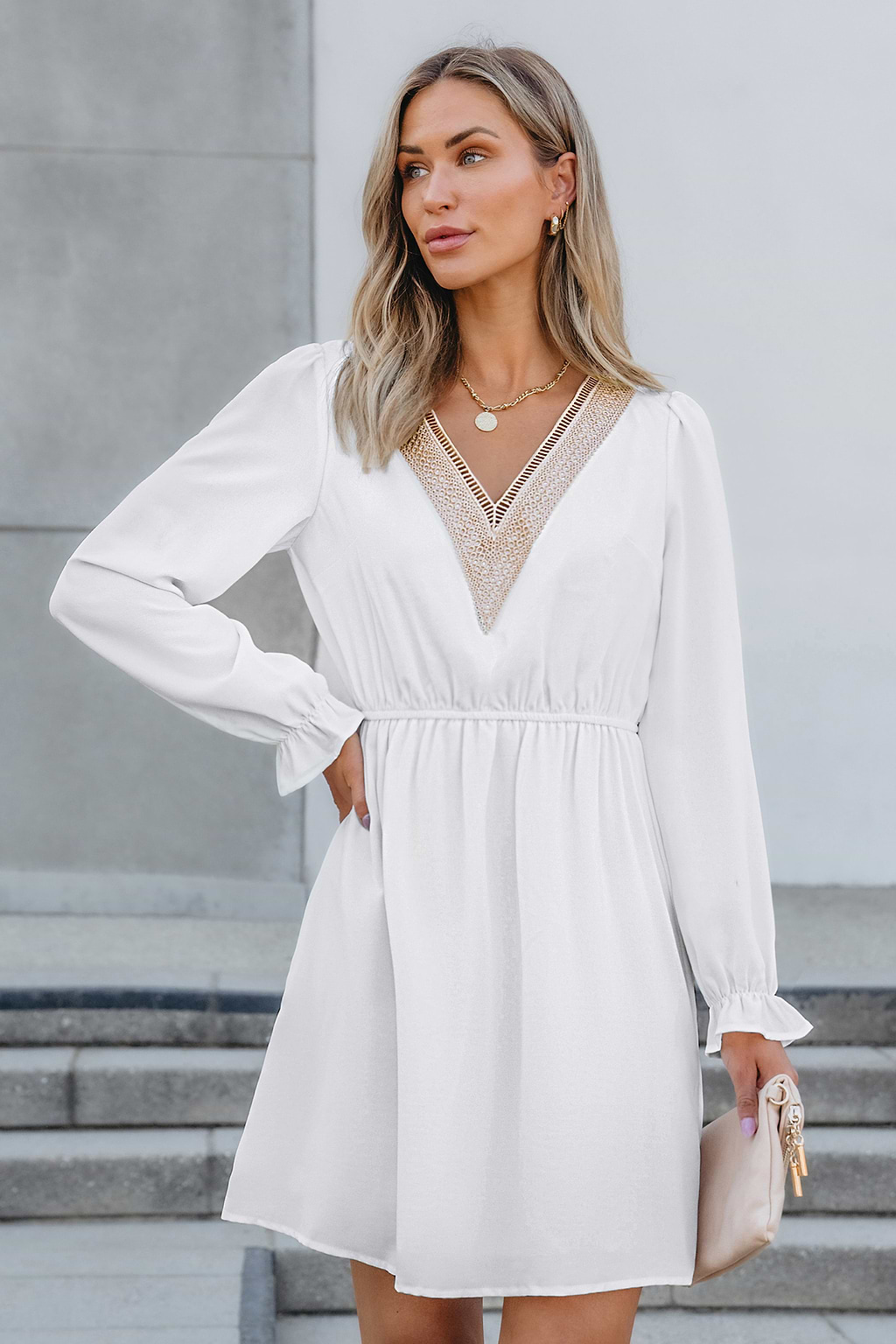 White V-Neck Poet Sleeve Cinched Waist Mini Dress