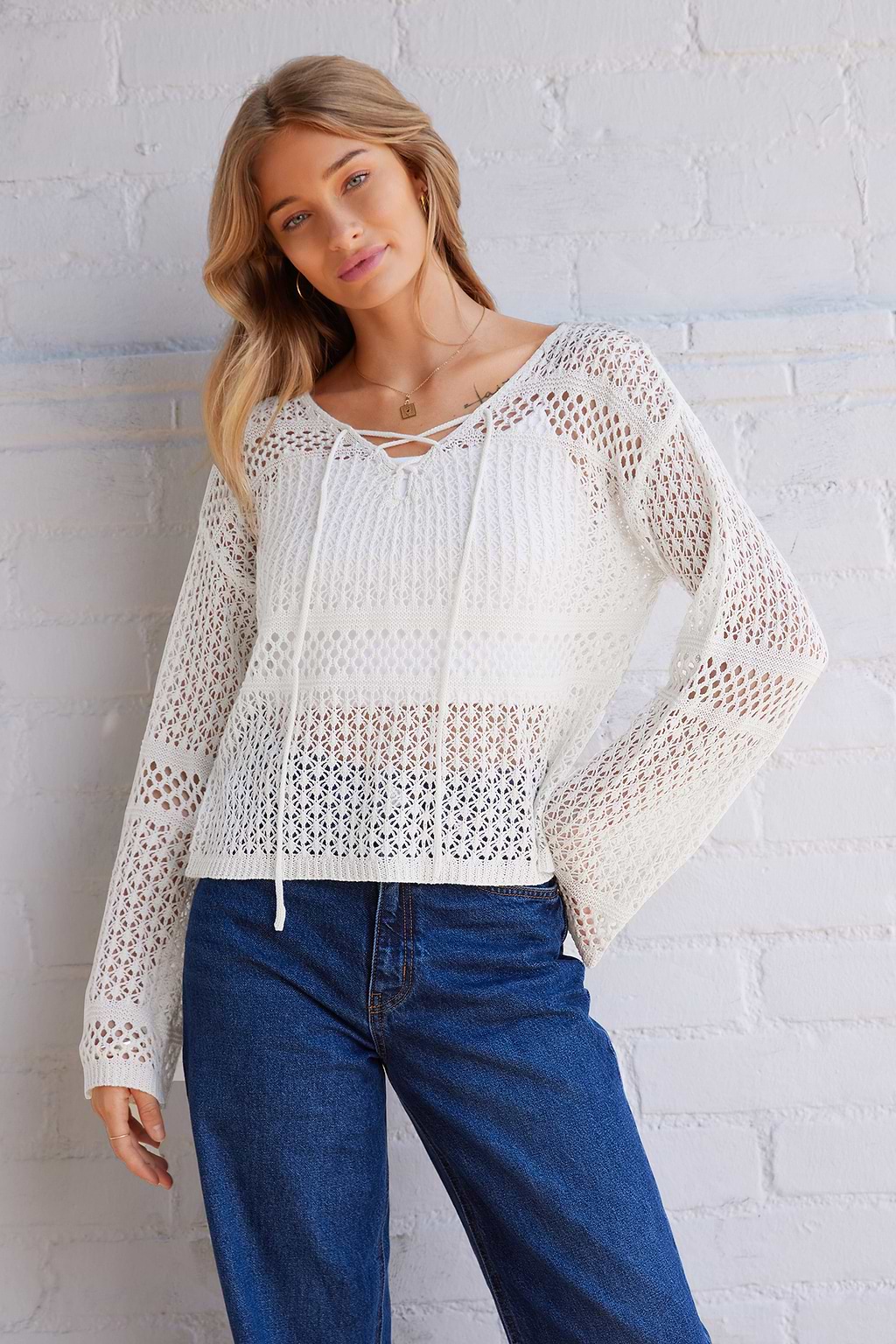 Ivory Lace-Up V-Neck Sweater Top