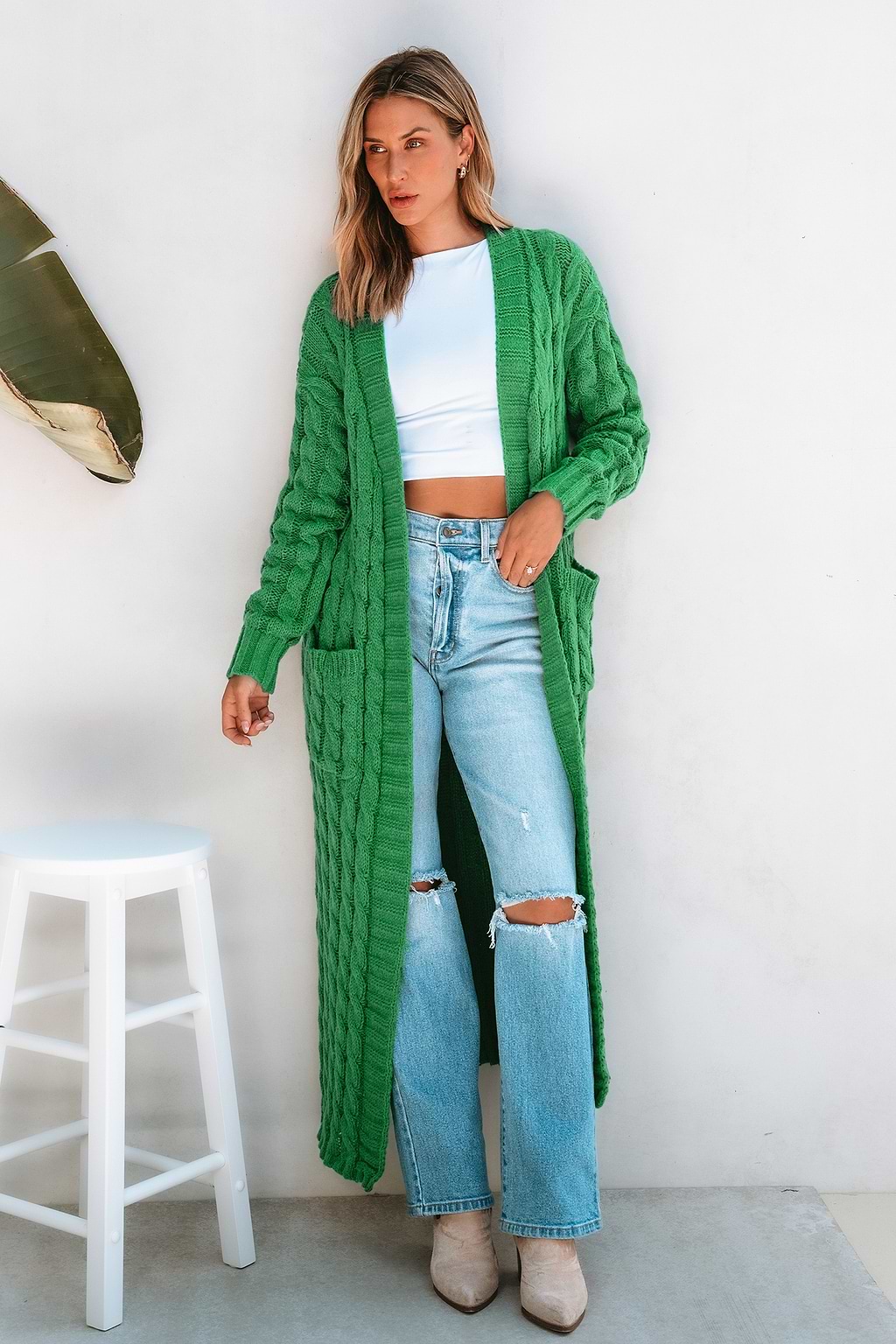 Green Cable Knit Open Front Duster Cardigan