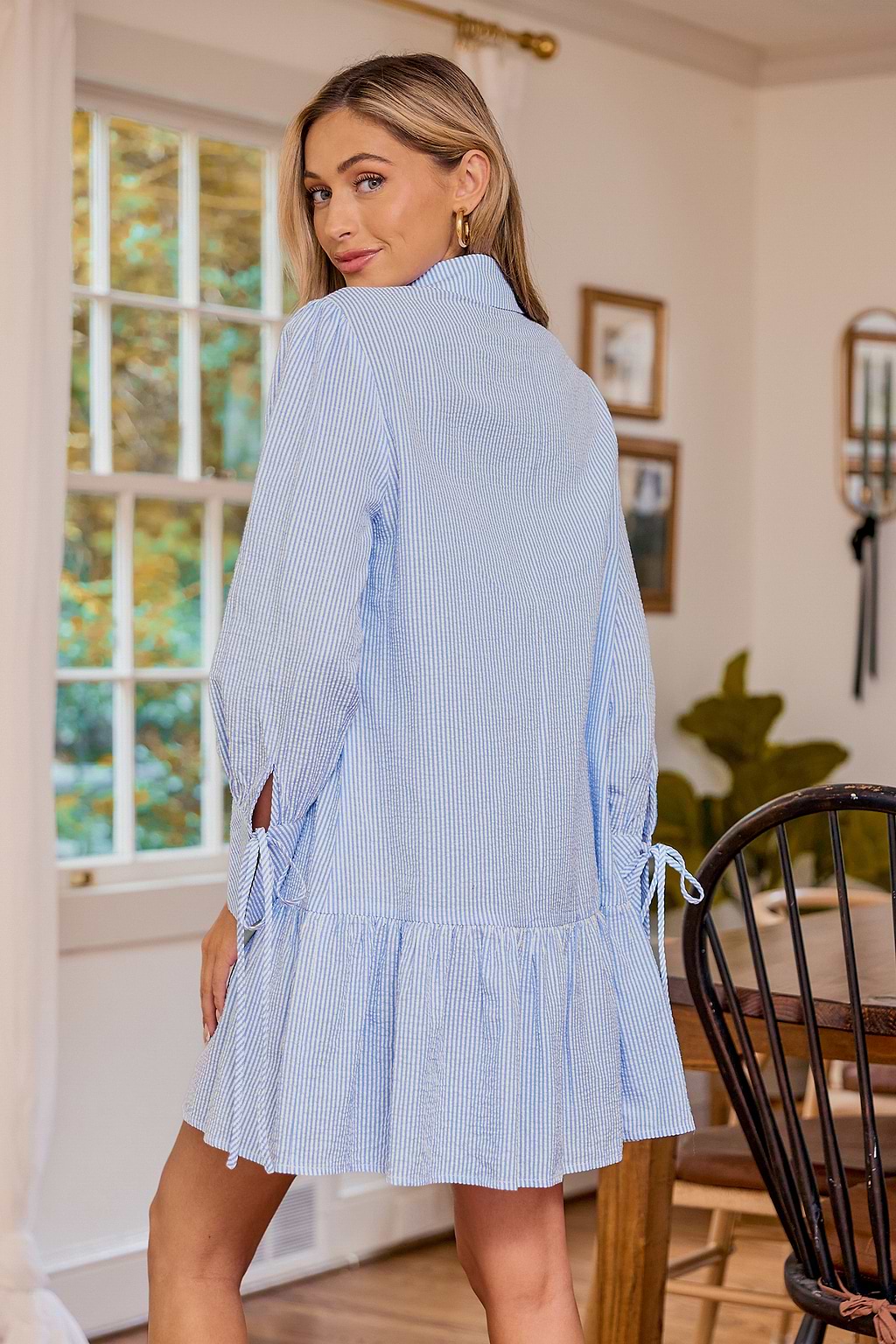 Blue Pin Stripe Collared Button-Up Flounce Hem Mini Dress