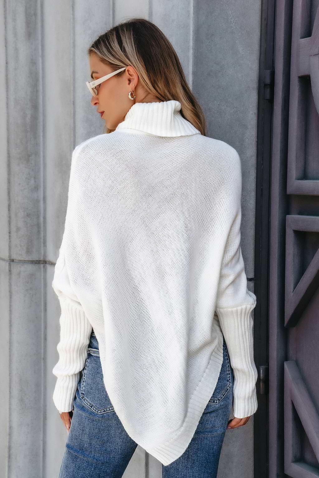 White Cable Knit Asymmetrical Hem Turtleneck Sweater