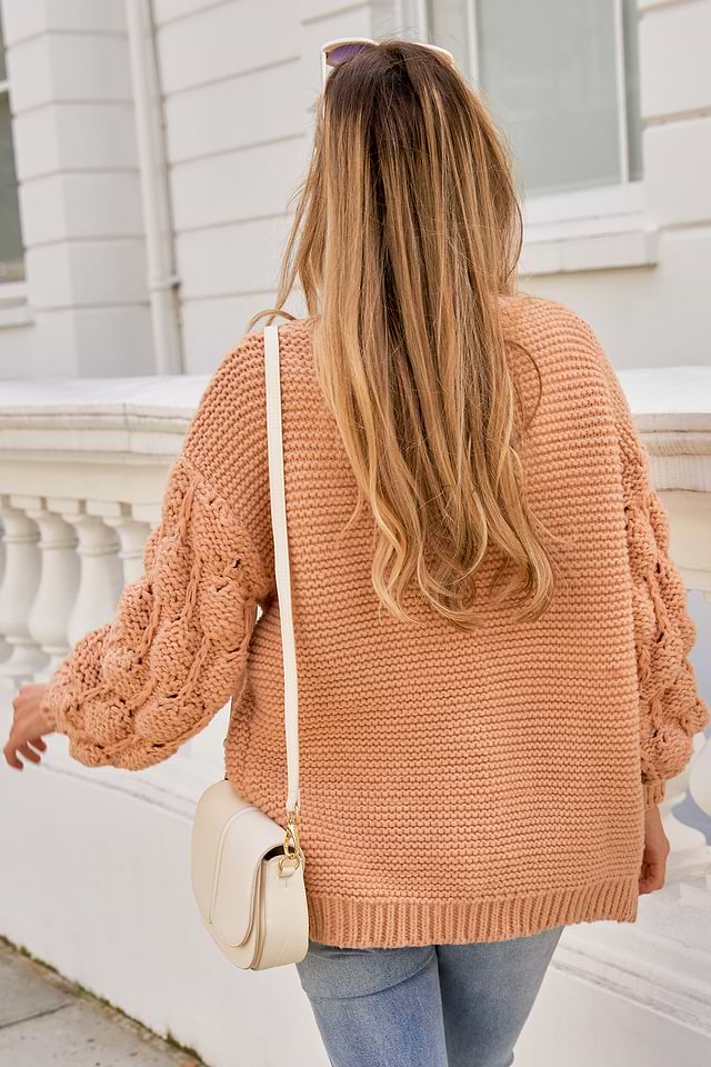 Khaki Open Front Long Sleeve Knit Cardigan