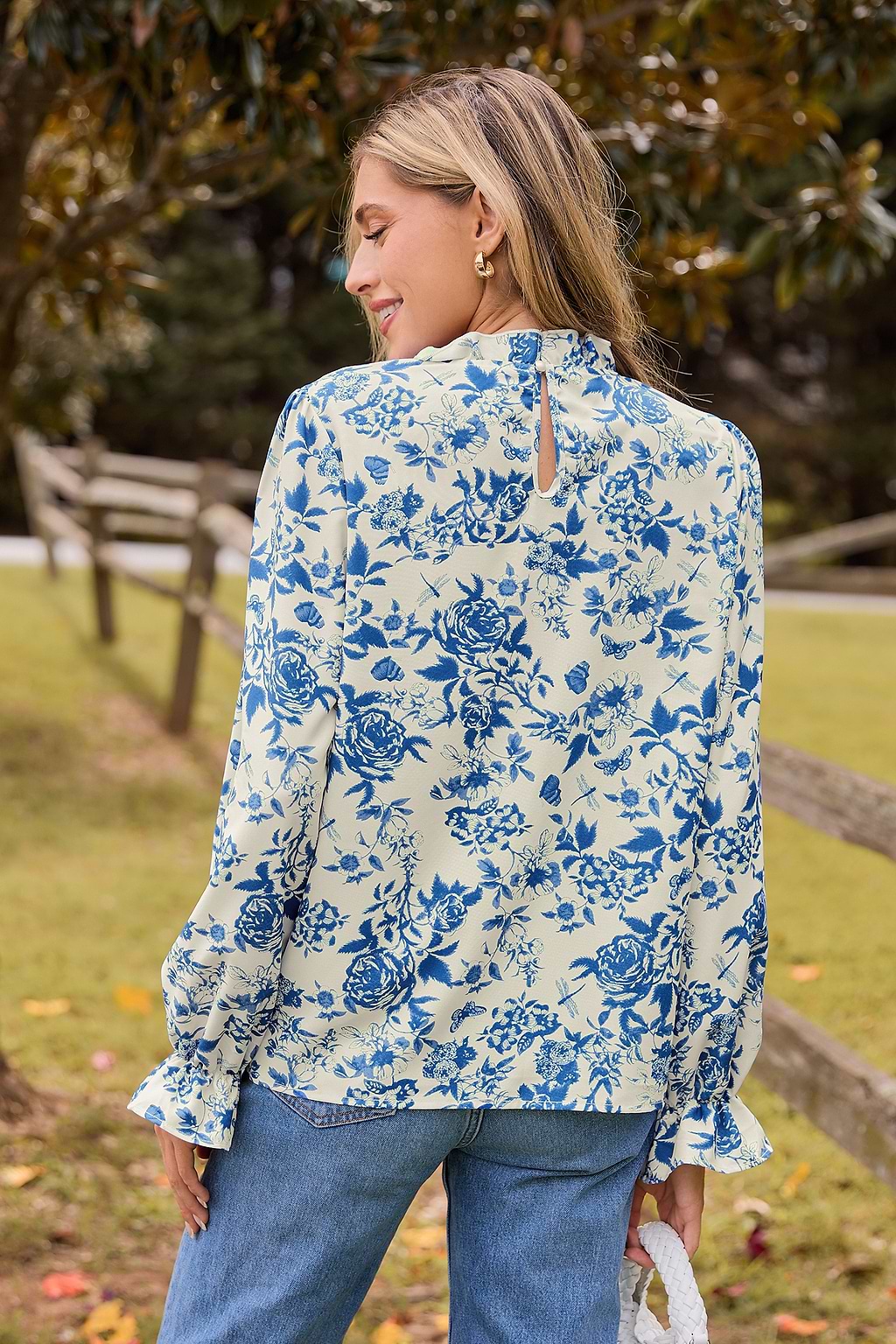 Blue Floral Ruffled Standing Collar Long Poet Sleeve Blouse