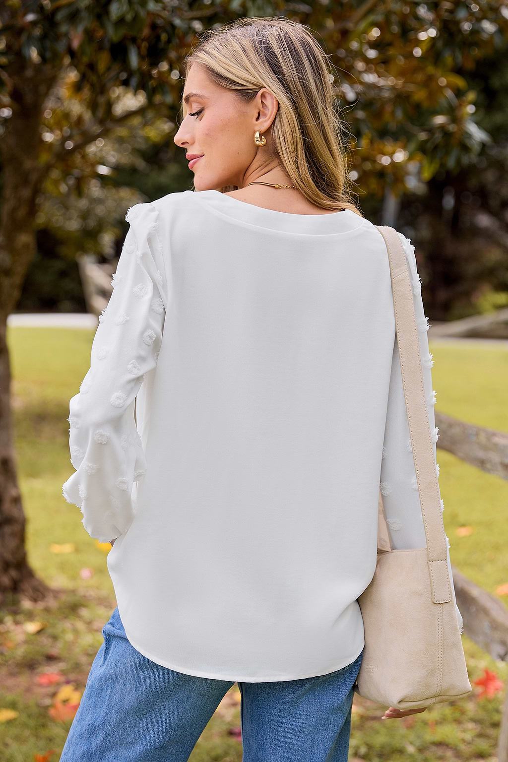 White V-Neck Long Sleeve Blouse