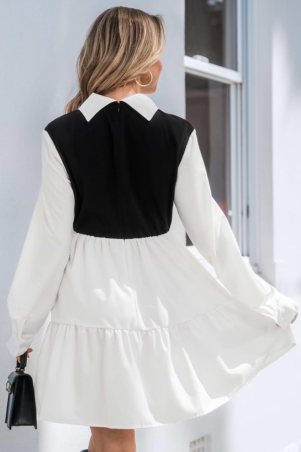 Black & White Faux Vest Collared Mini Shirt Dress