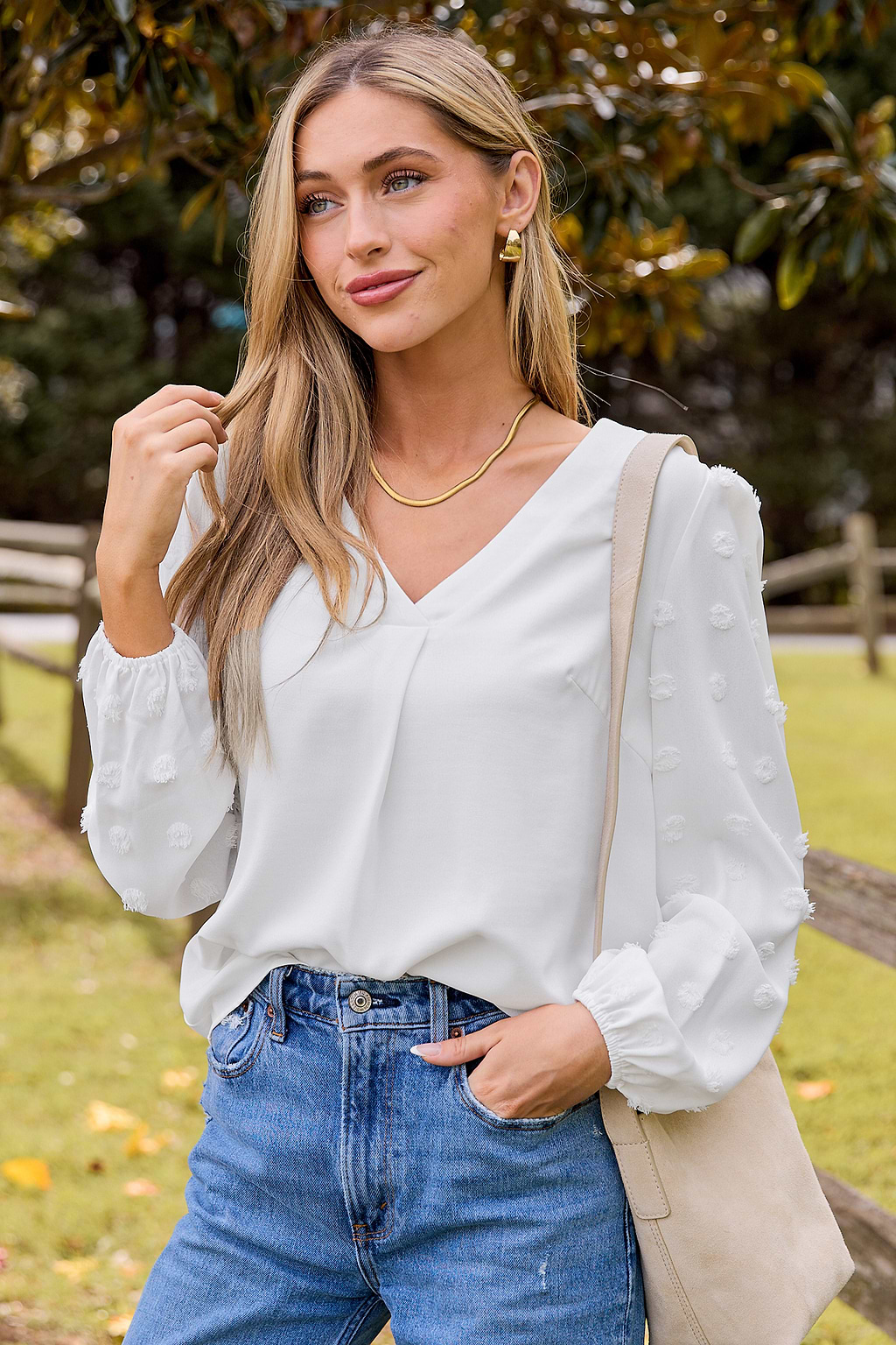 White V-Neck Long Sleeve Blouse