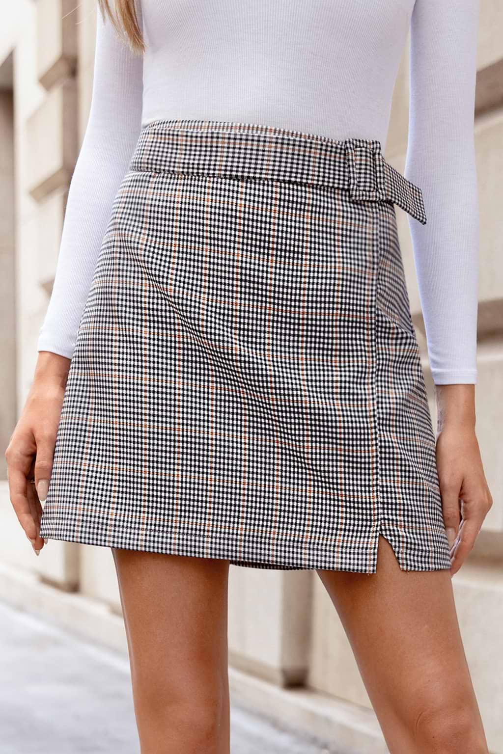 Glen Check Orange Notched Mini Skirt