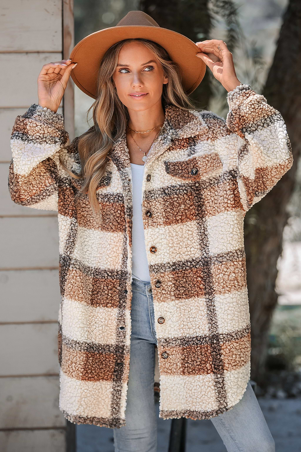Tan Plaid Sherpa Button-Up Trench Coat