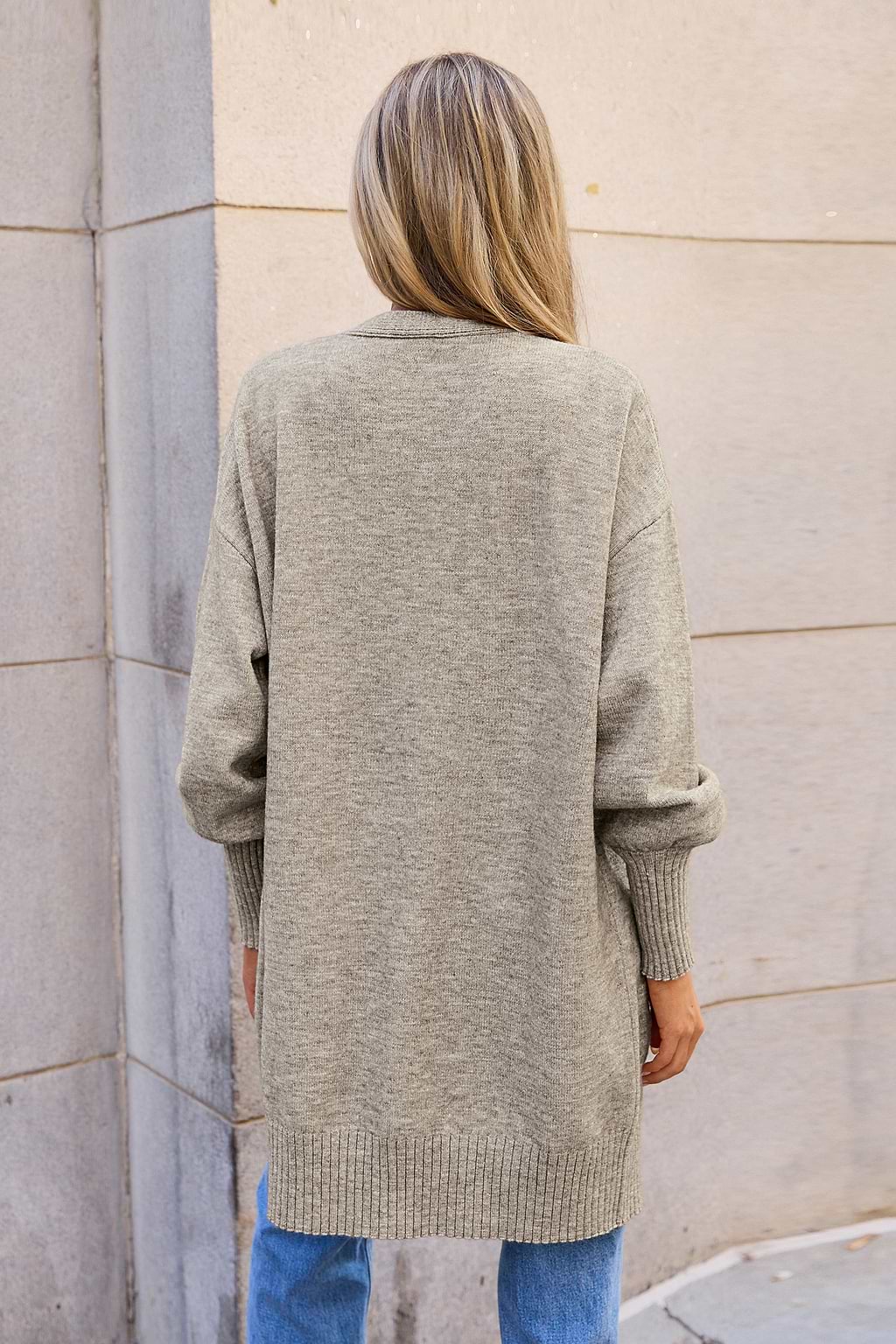 Knit Open Front Puff Sleeve Longline Cardigan