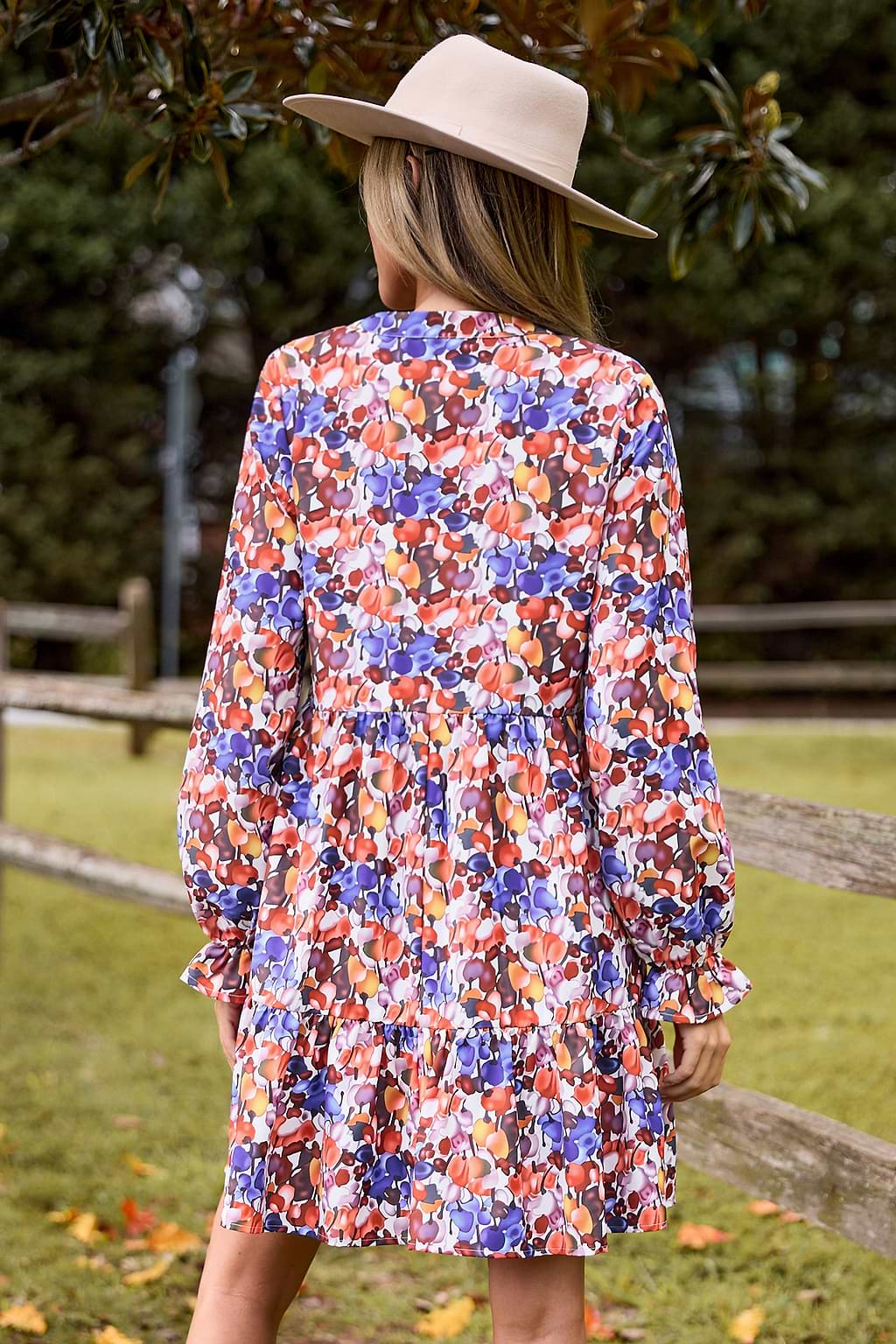 Abstract Fruit V-Neck Long Puff Sleeve Mini Dress