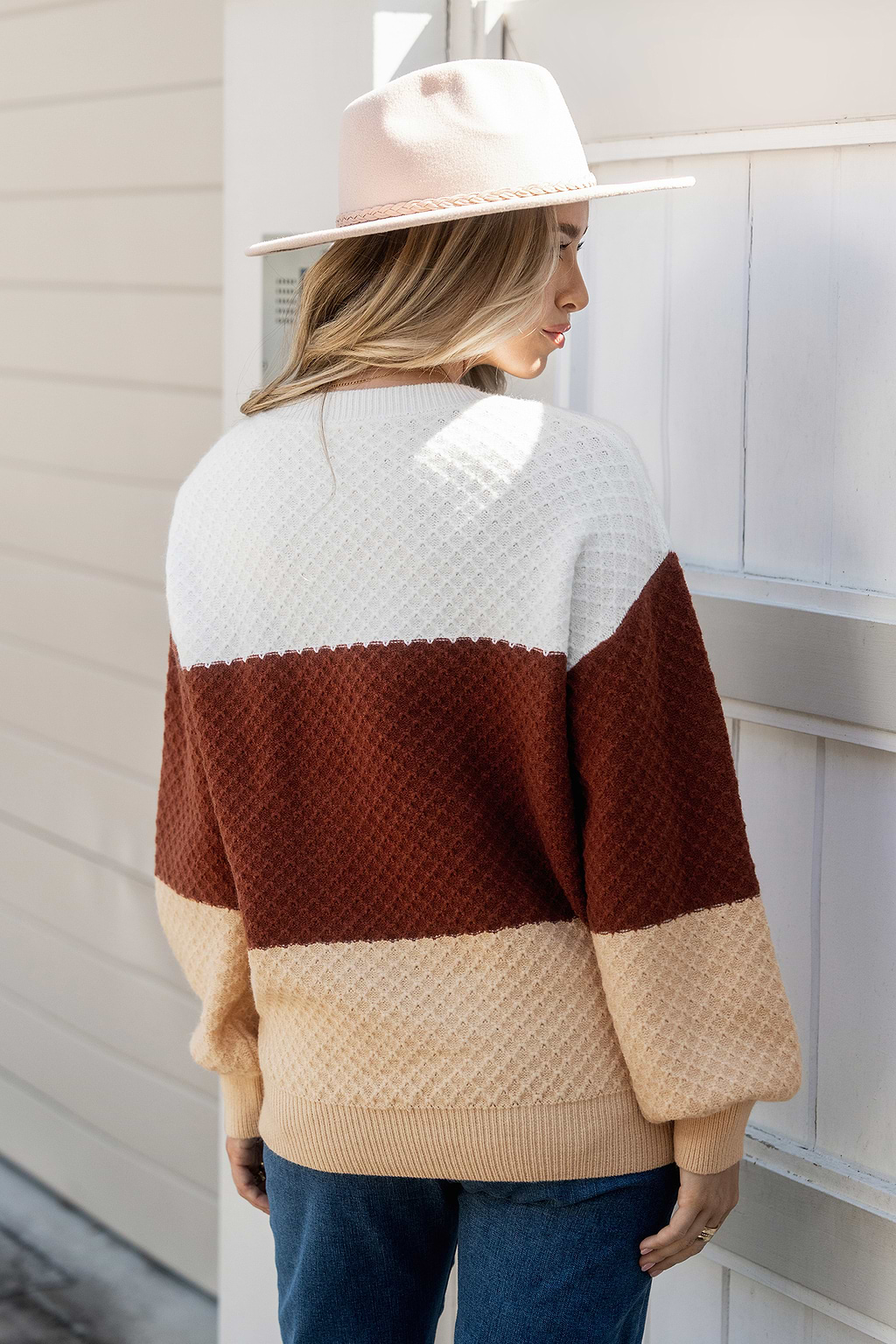 Colorblock Round Neck Long Puff Sleeve Sweater