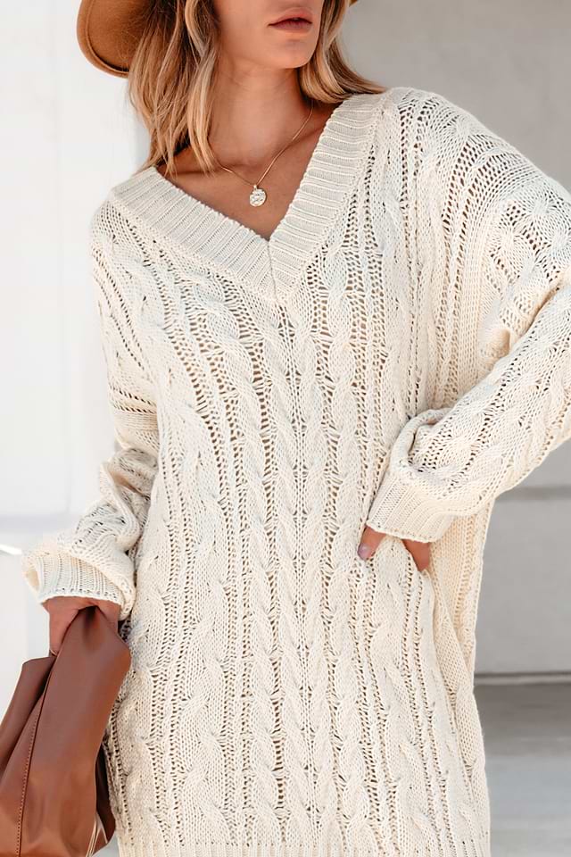 beige cable knit dress V-Neck Long Sleeve Mini Sweater cream dress