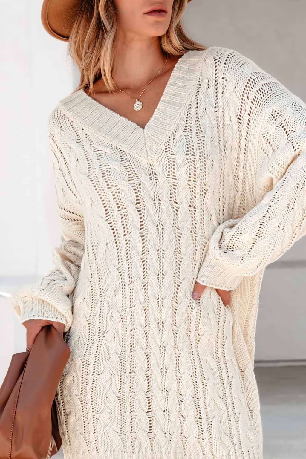 Beige Cable Knit V-Neck Long Sleeve Mini Sweater Dress