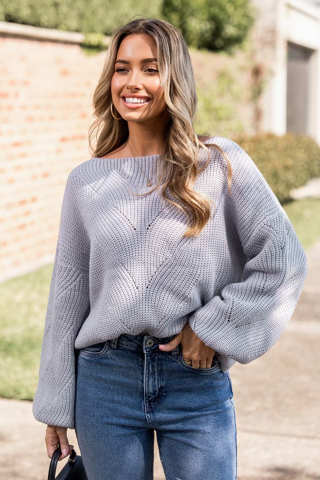 Grey Asymmetrical Off-Shoulder Long Puff Sleeve Sweater