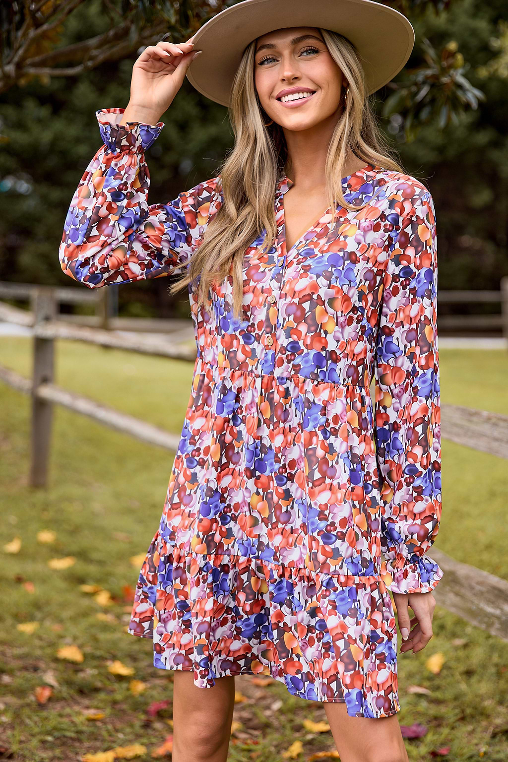 Obst-Print V-Ausschnitt-Minikleid mit langen Puffärmeln